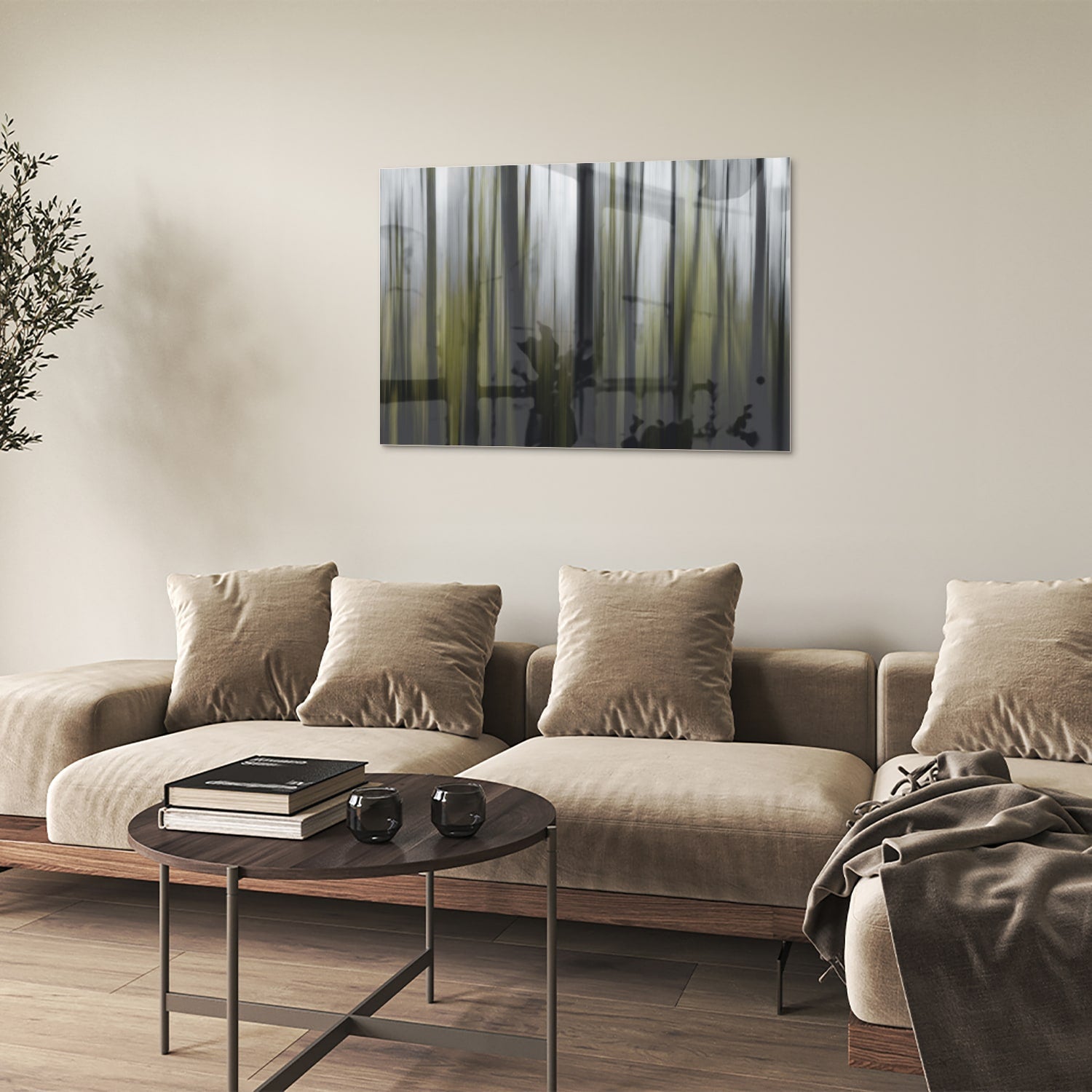 Glasbild mit grünem Bambus in einem modernen Wohnzimmer – Glasbild aus Sicherheitsglas, Größe 50x50