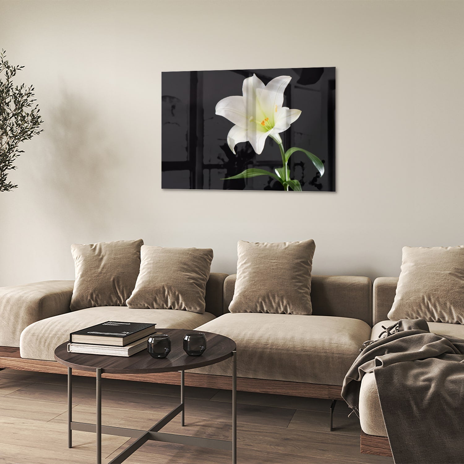 Stilvolles Glasbild mit einer weißen Lilie – Glasbild aus Sicherheitsglas, Größe 50x50
