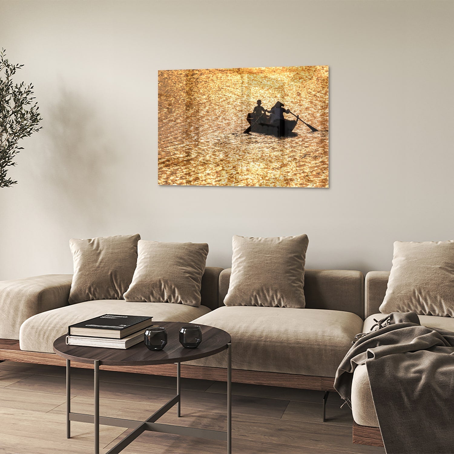 Glasbild mit Ruderboot auf goldenem Wasser – Glasbild aus Sicherheitsglas, Größe 50x50