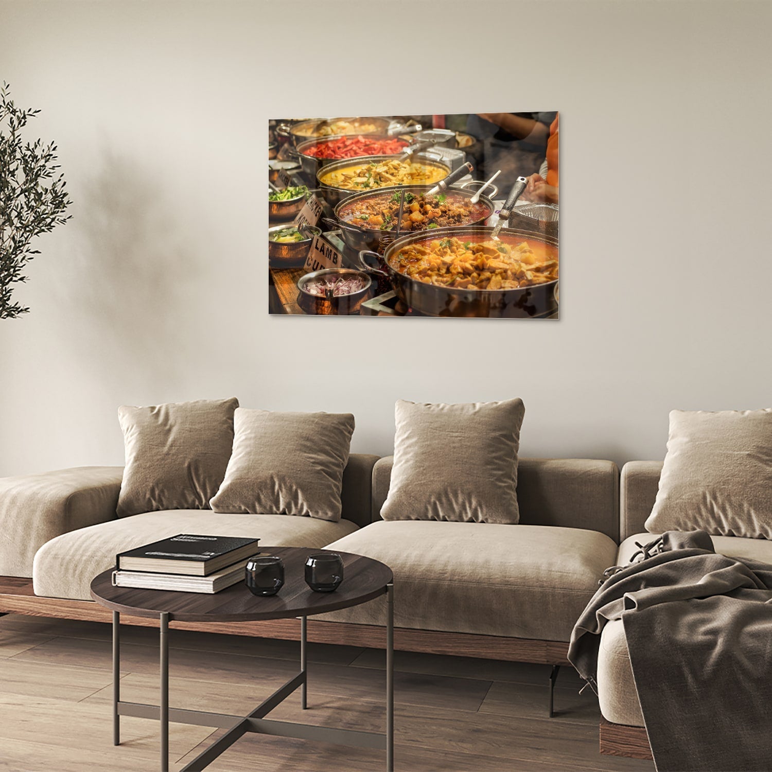 Farbenfrohes Glasbild mit indischem Essen – Glasbild aus Sicherheitsglas, Größe 50x50