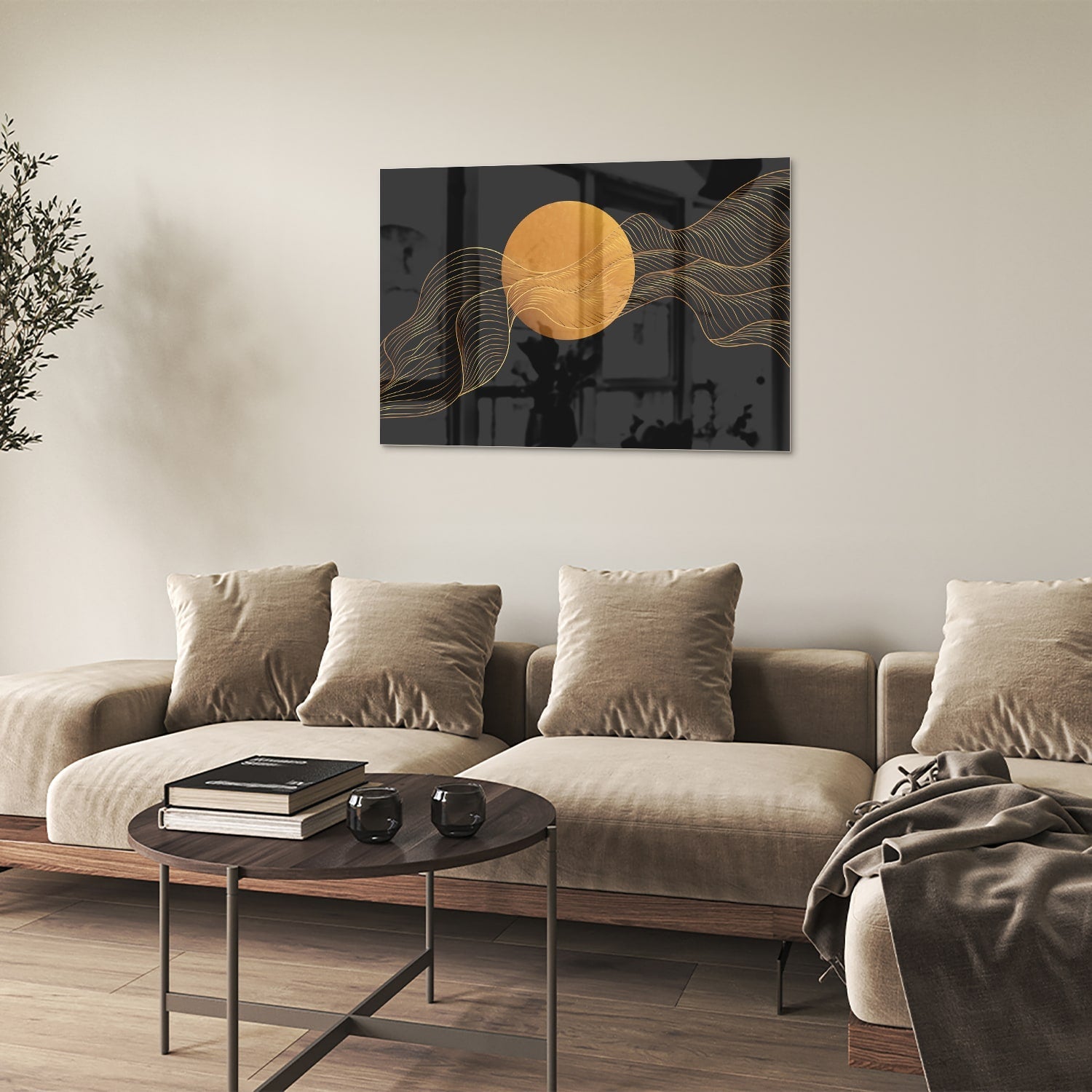 Abstraktes Glasbild mit goldener Sonne und schwarzem Design – Glasbild aus Sicherheitsglas, Größe 50x50