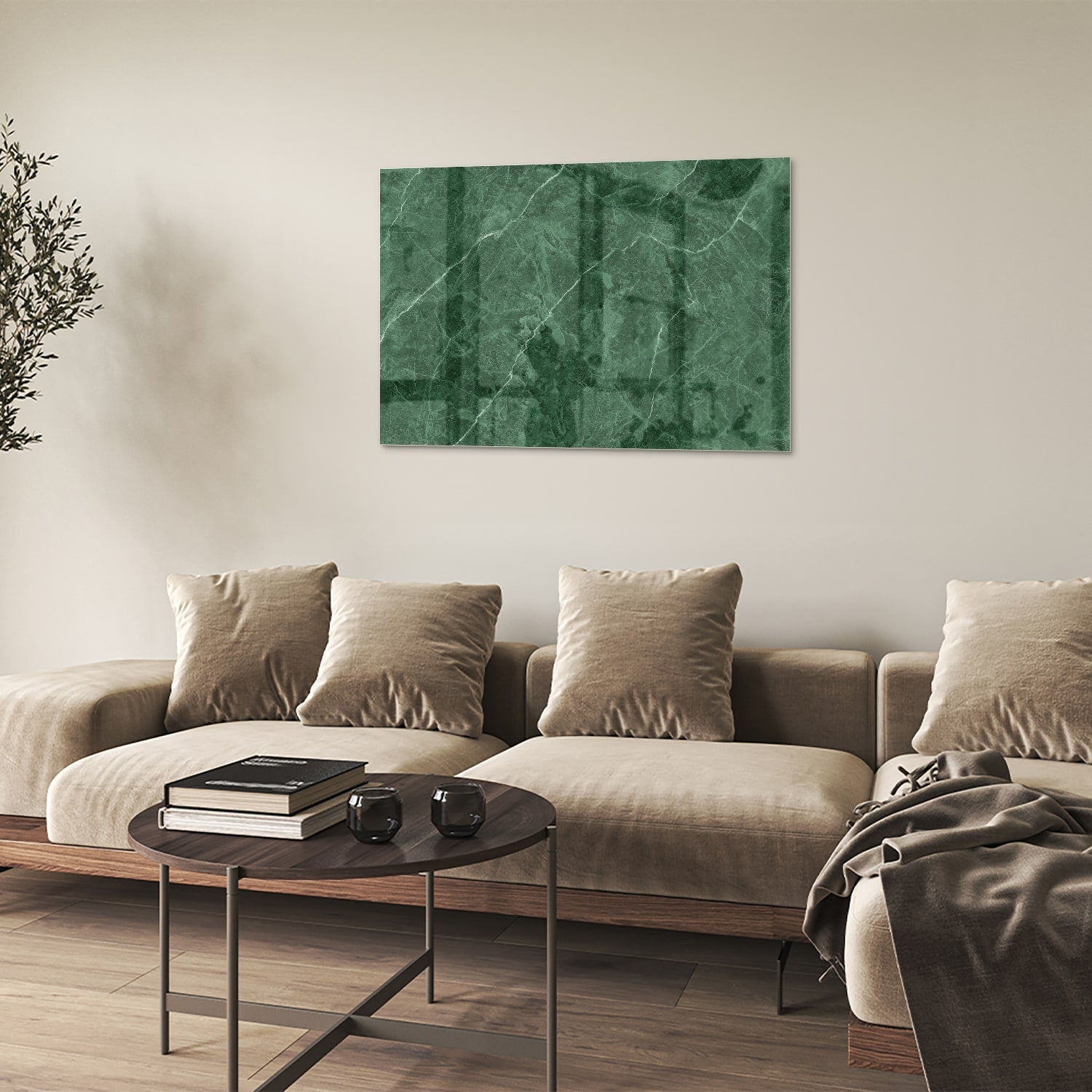 Grünes Glasbild mit Marmoroptik – Glasbild aus Sicherheitsglas, Größe 50x50