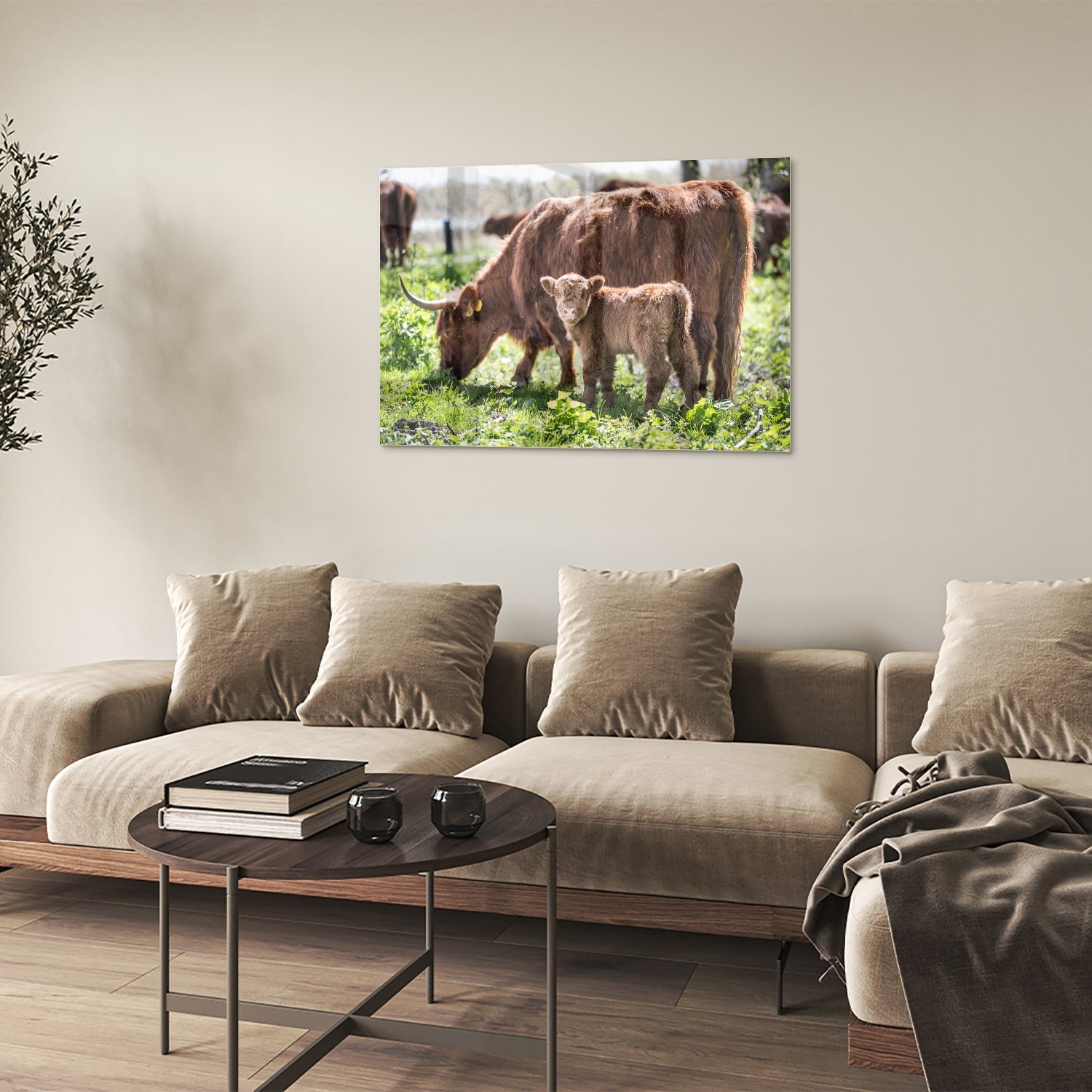 Glasbild mit Mutter und Kalb in der Natur – Glasbild aus Sicherheitsglas, Größe 50x50