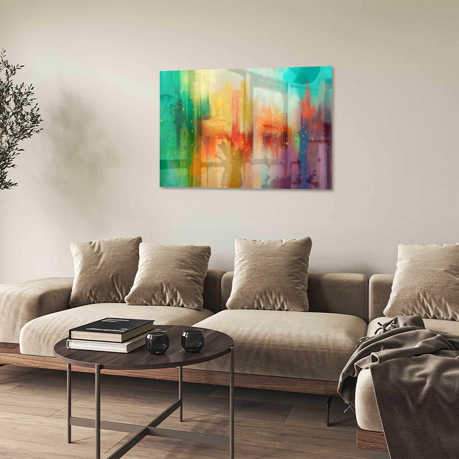 Farbenfrohes Glasbild mit abstrakten Formen – Glasbild aus Sicherheitsglas, Größe 50x50