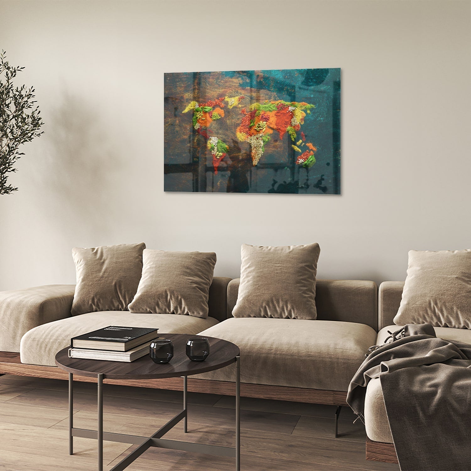 Einzigartiges Glasbild mit moderner Weltkarte – Glasbild aus Sicherheitsglas, Größe 50x50