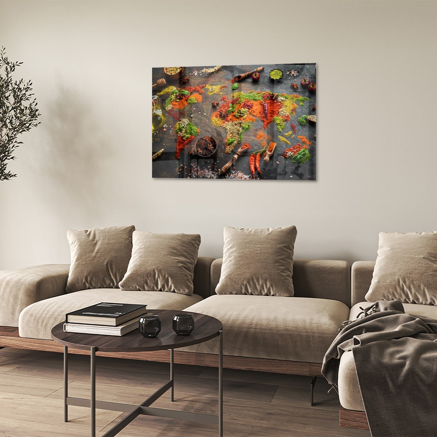 Farbenfrohes Glasbild mit Gewürzen und Gemüse – Glasbild aus Sicherheitsglas, Größe 50x50