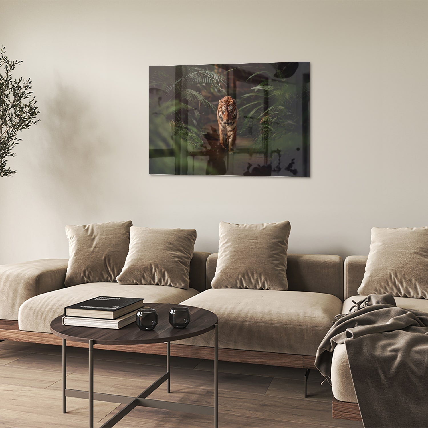 Elegantes Glasbild mit Tiger zwischen Blättern – Glasbild aus Sicherheitsglas, Größe 50x50
