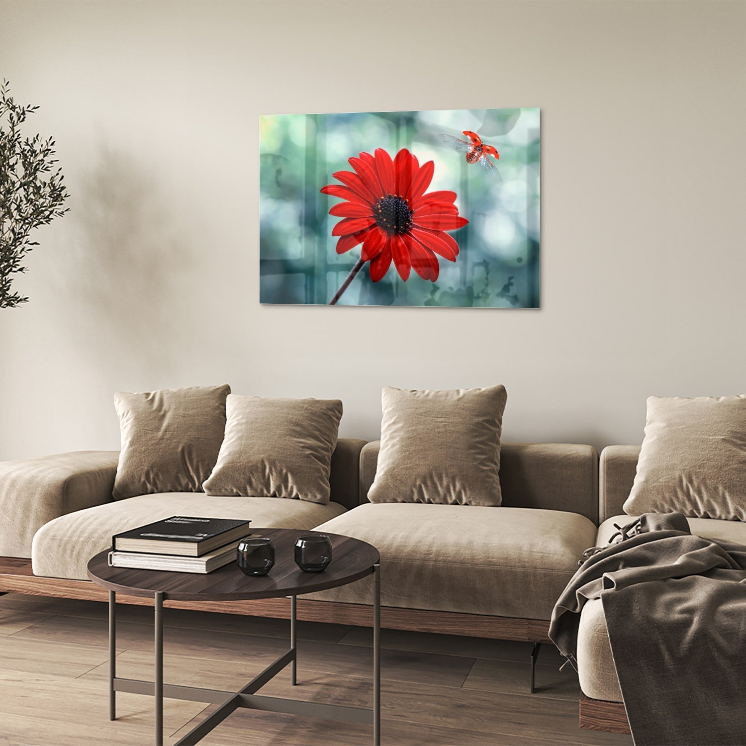 Beeindruckendes Glasbild mit einem roten Löwenzahn – Glasbild aus Sicherheitsglas, Größe 50x50