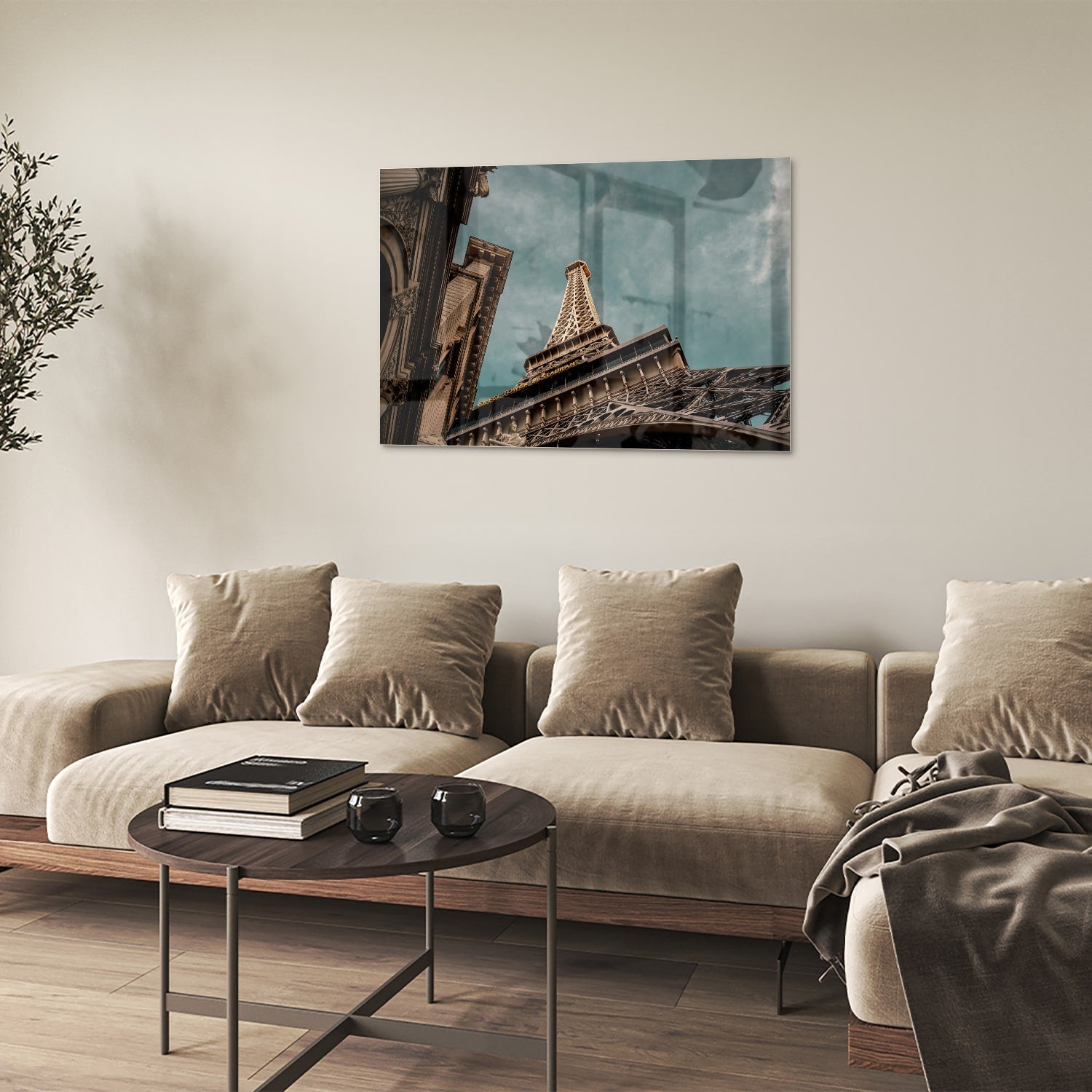 Glasbild mit dem Eiffelturm in luxuriöser Optik – Glasbild aus Sicherheitsglas, Größe 50x50