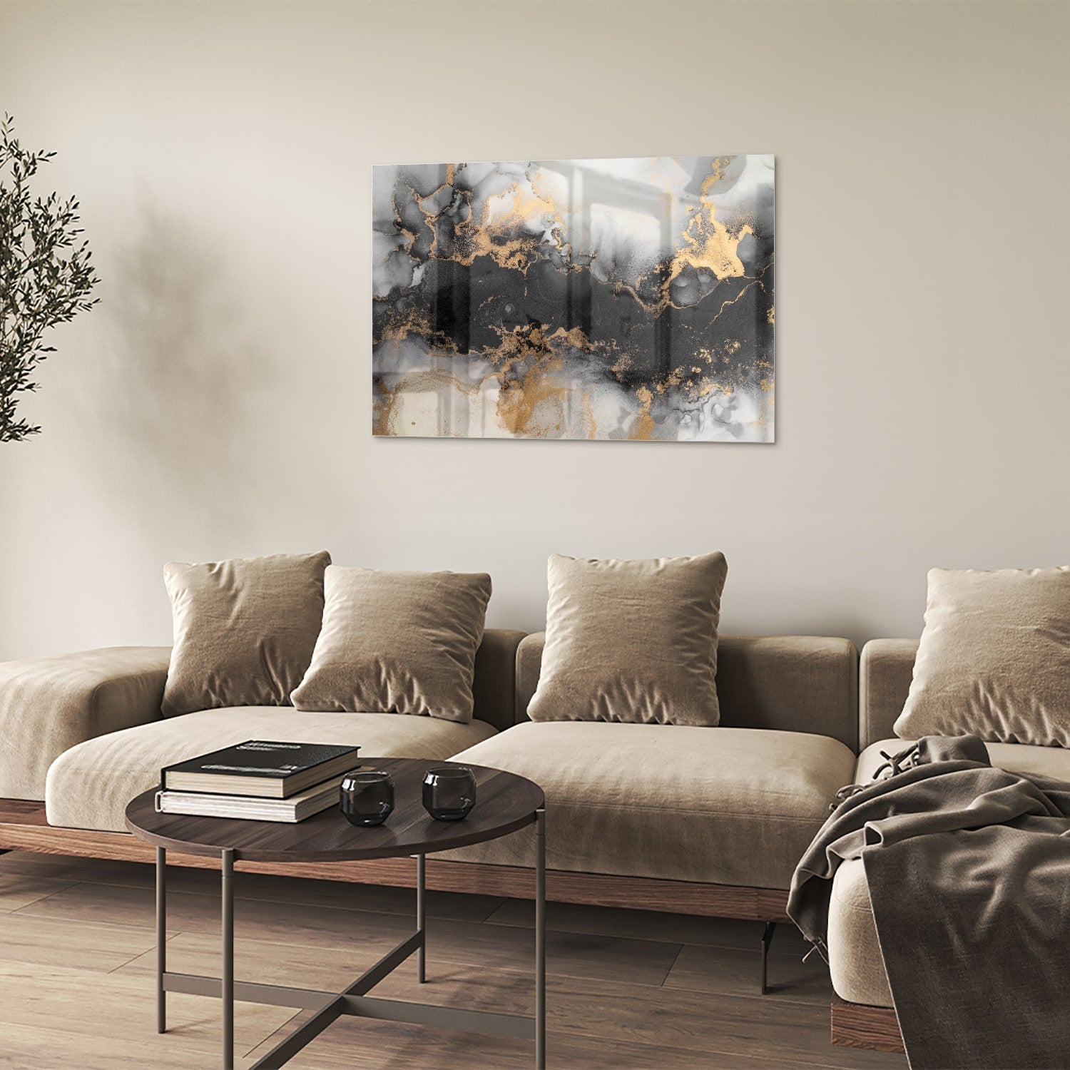 Elegantes Glasbild mit Gold und Schwarz – Glasbild aus Sicherheitsglas, Größe 50x50