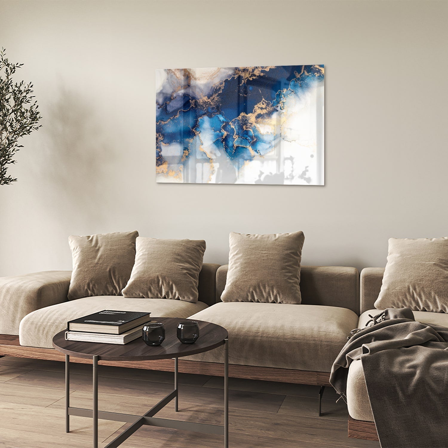 Mehrschichtiges Glasbild in Blau und Gold – Glasbild aus Sicherheitsglas, Größe 50x50