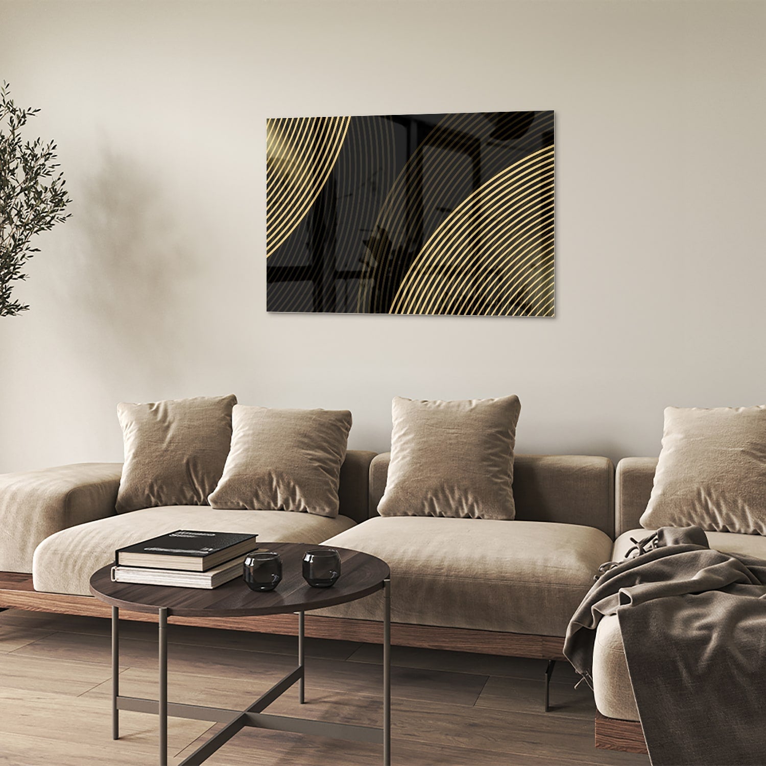 Geradliniges Glasbild mit goldenen Linien – Glasbild aus Sicherheitsglas, Größe 50x50