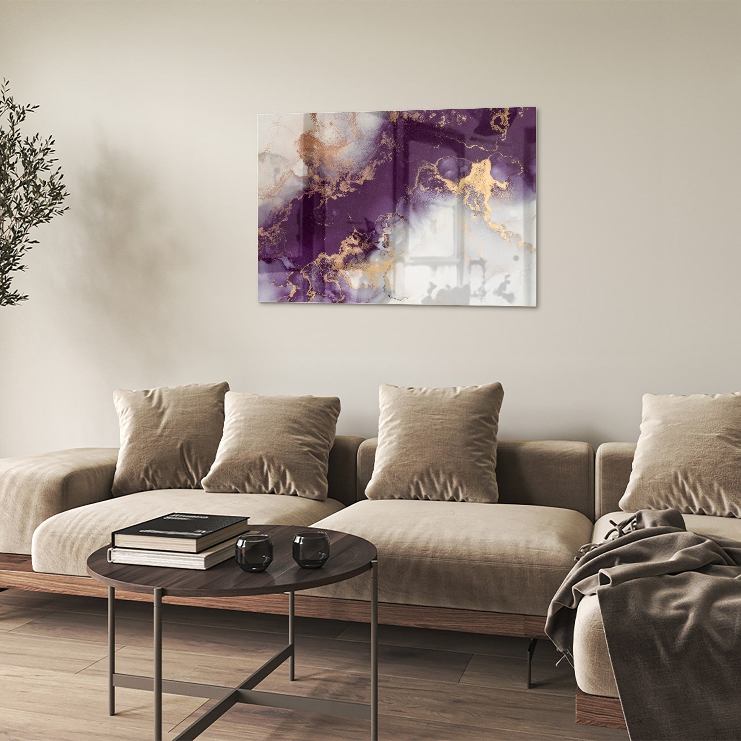 Violettes Glasbild mit goldenen Akzenten – Glasbild aus Sicherheitsglas, Größe 50x50