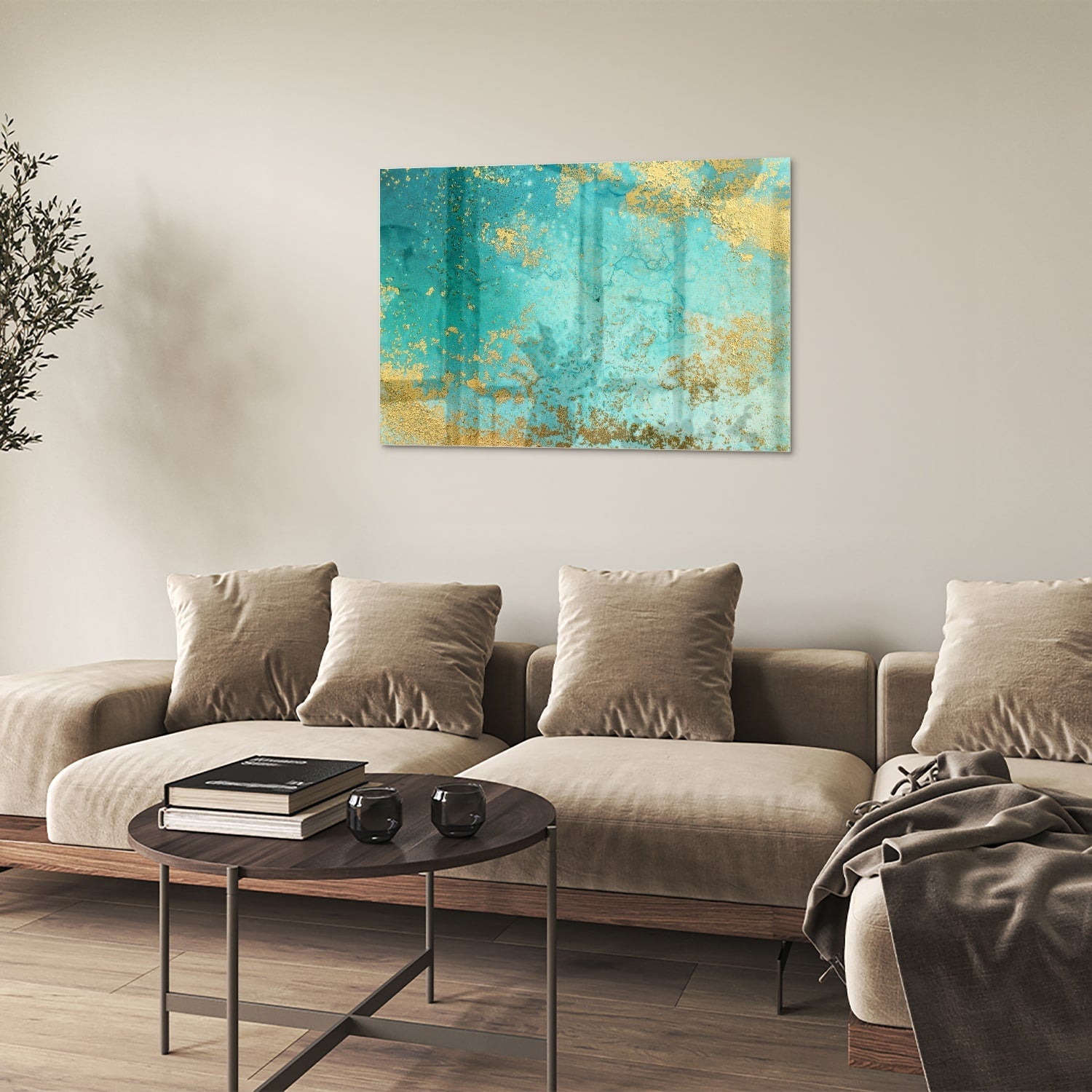 Glasbild mit goldenen Akzenten auf Türkis – Glasbild aus Sicherheitsglas, Größe 50x50