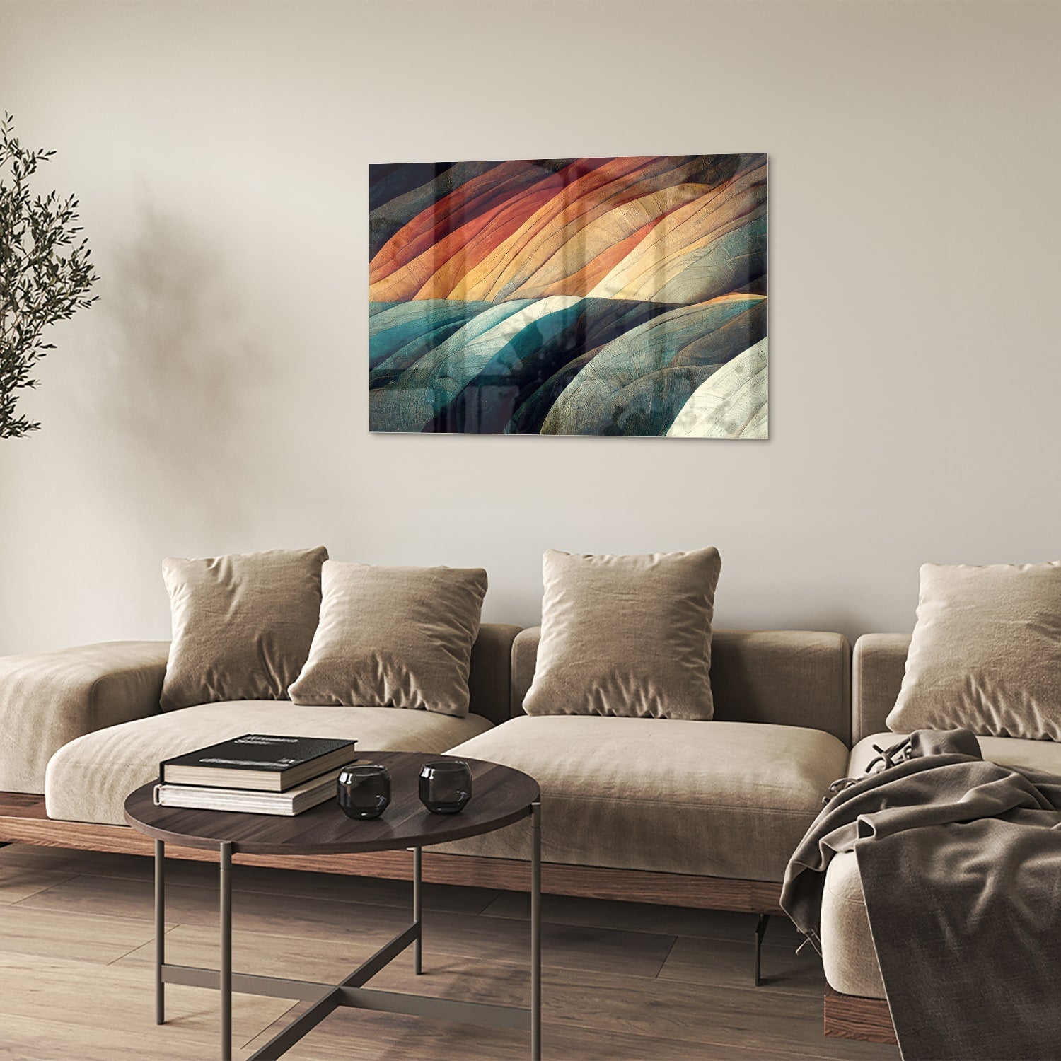 Abstraktes Glasbild mit farbenfrohen Wellen – Glasbild aus Sicherheitsglas, Größe 50x50