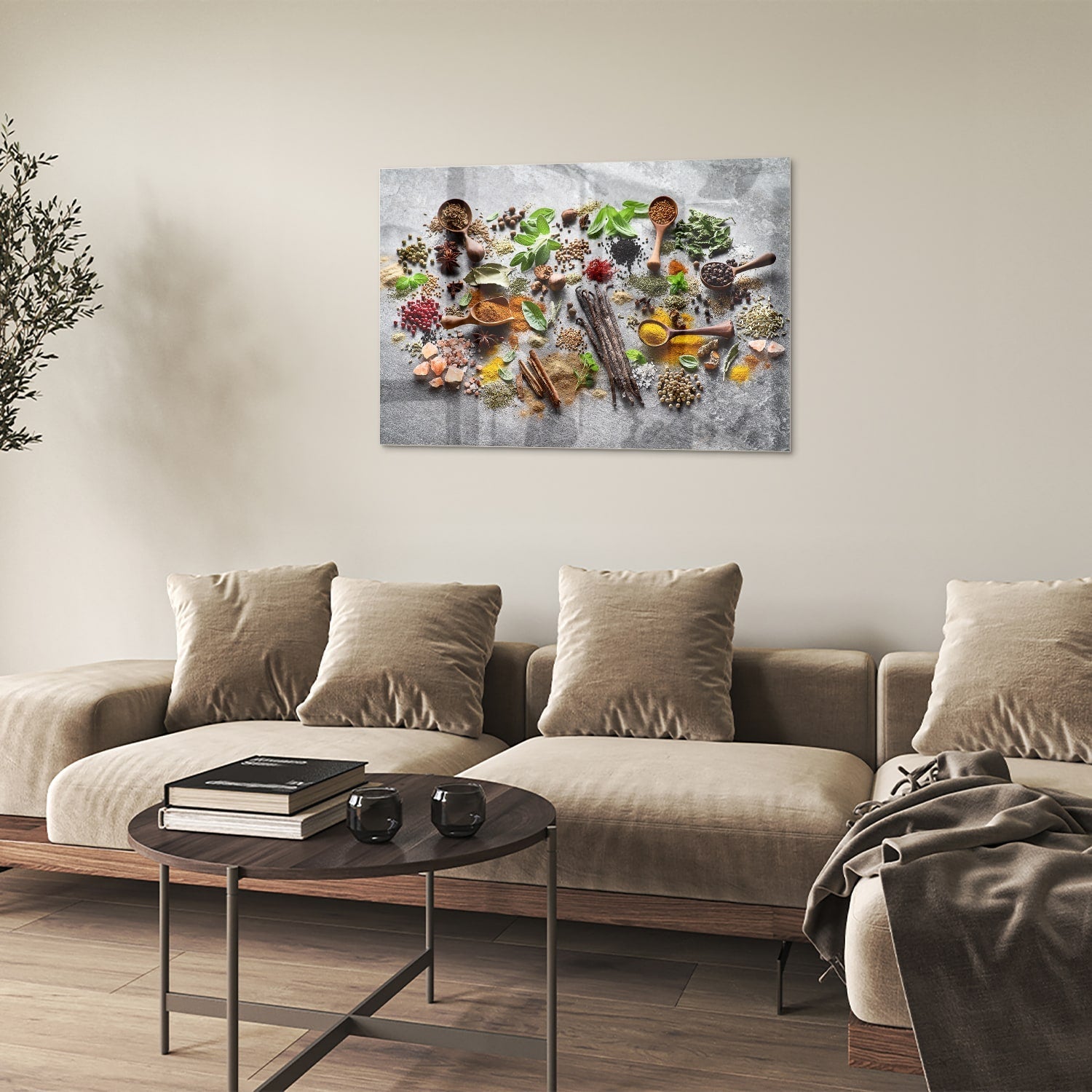 Farbenfrohes Glasbild mit Kräutern und Gewürzen – Glasbild aus Sicherheitsglas, Größe 50x50