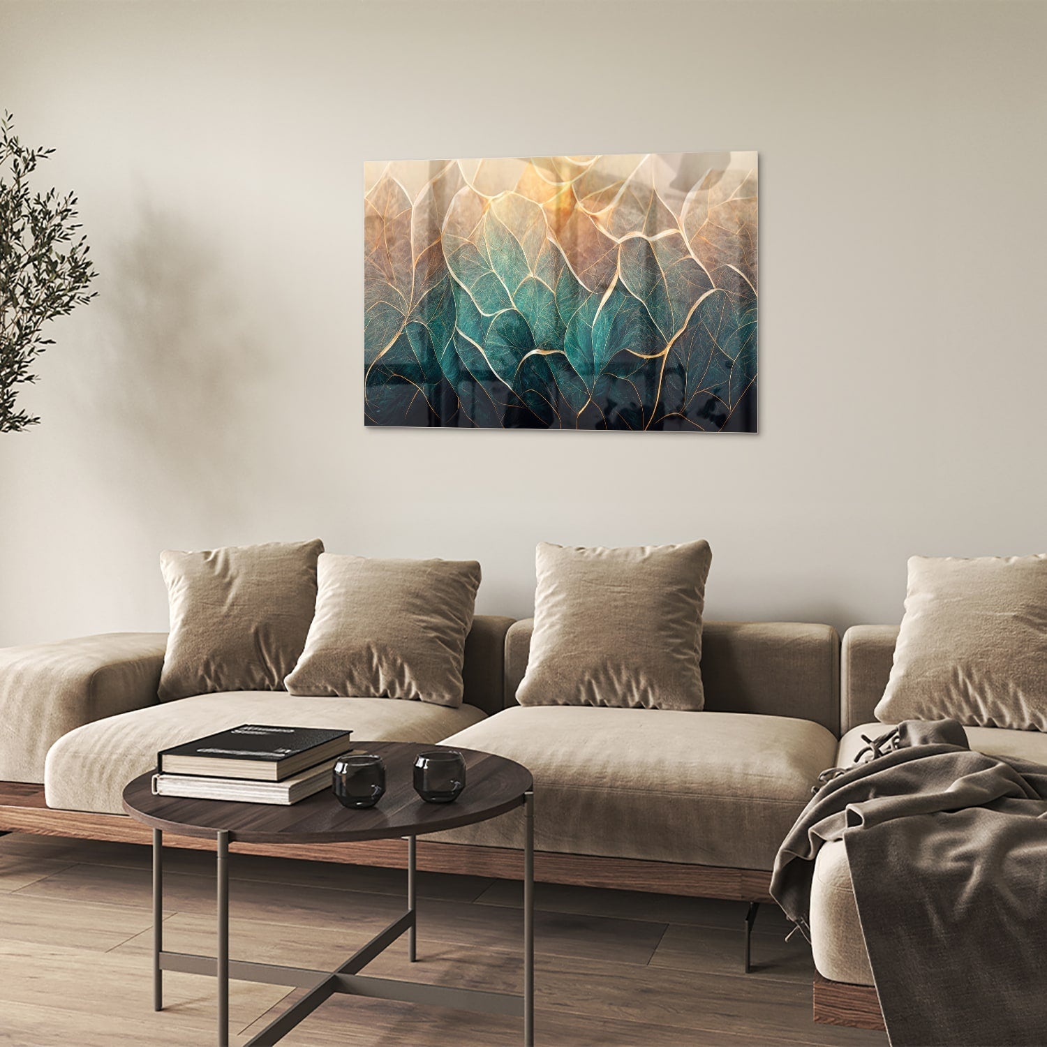 Glasbild mit Blättern und goldenen Linien – Glasbild aus Sicherheitsglas, Größe 50x50