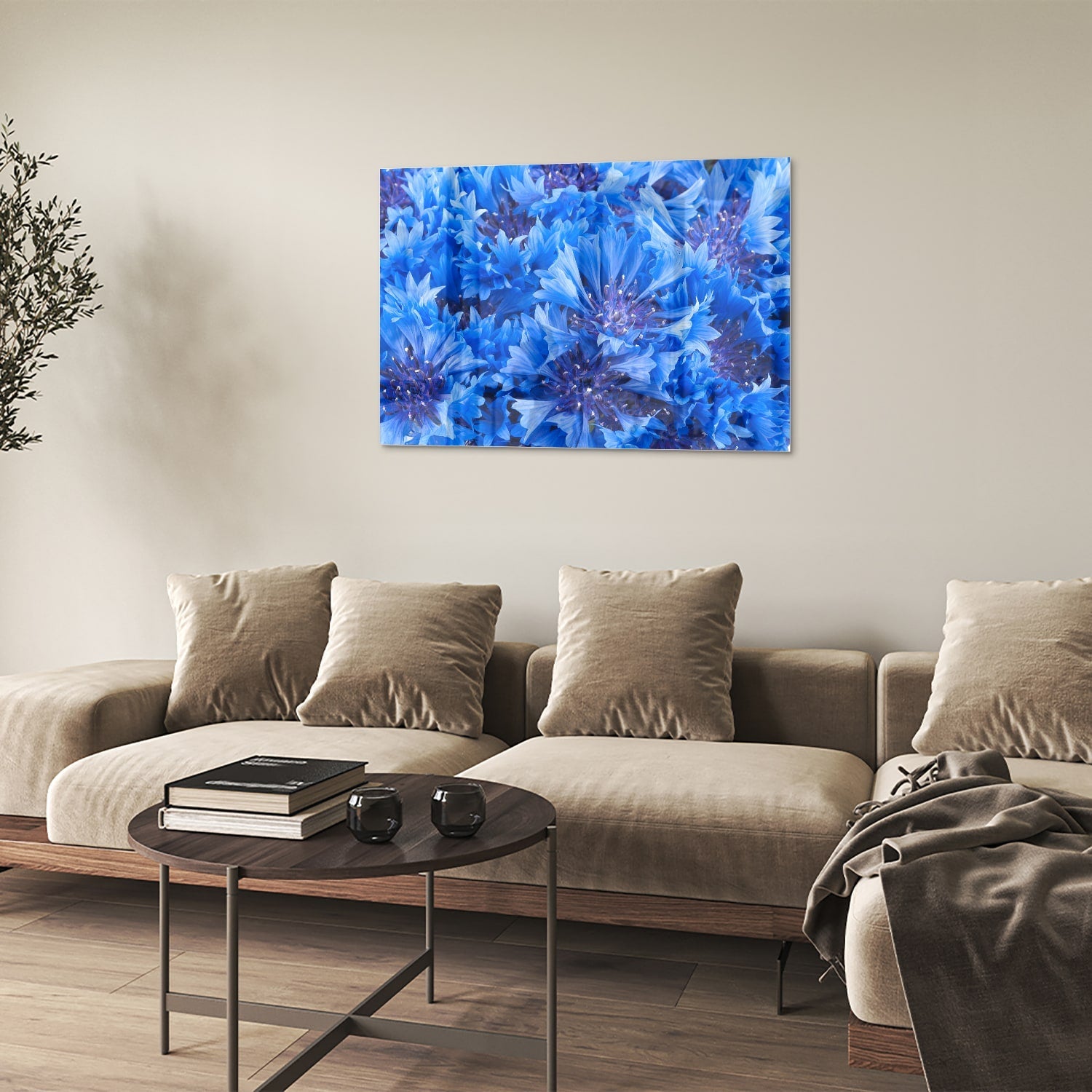 Blaues Glasbild mit Blumenmotiv – Glasbild aus Sicherheitsglas, Größe 50x50