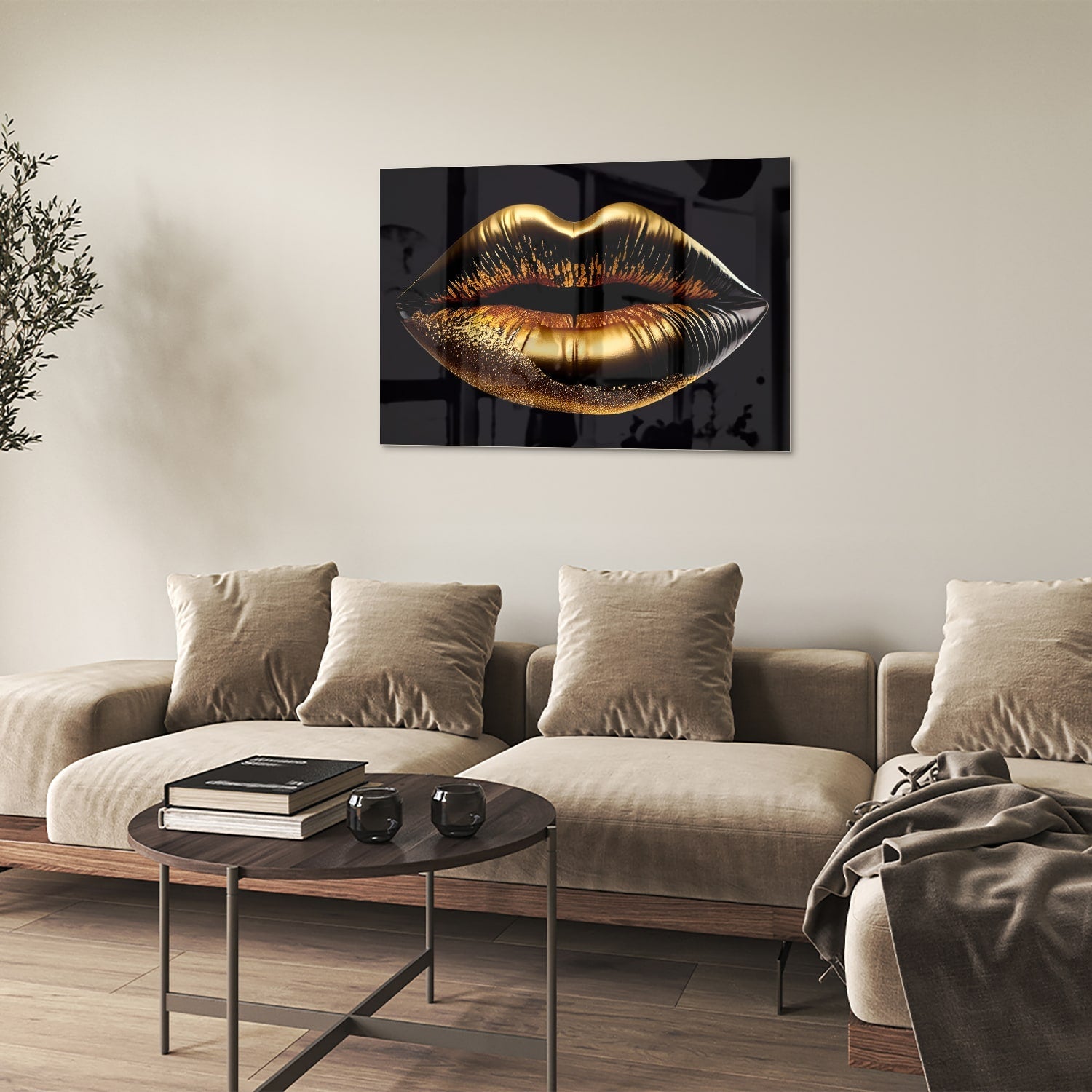 Glasbild mit goldenen Lippen – elegante Wanddekoration – Glasbild aus Sicherheitsglas, Größe 50x50