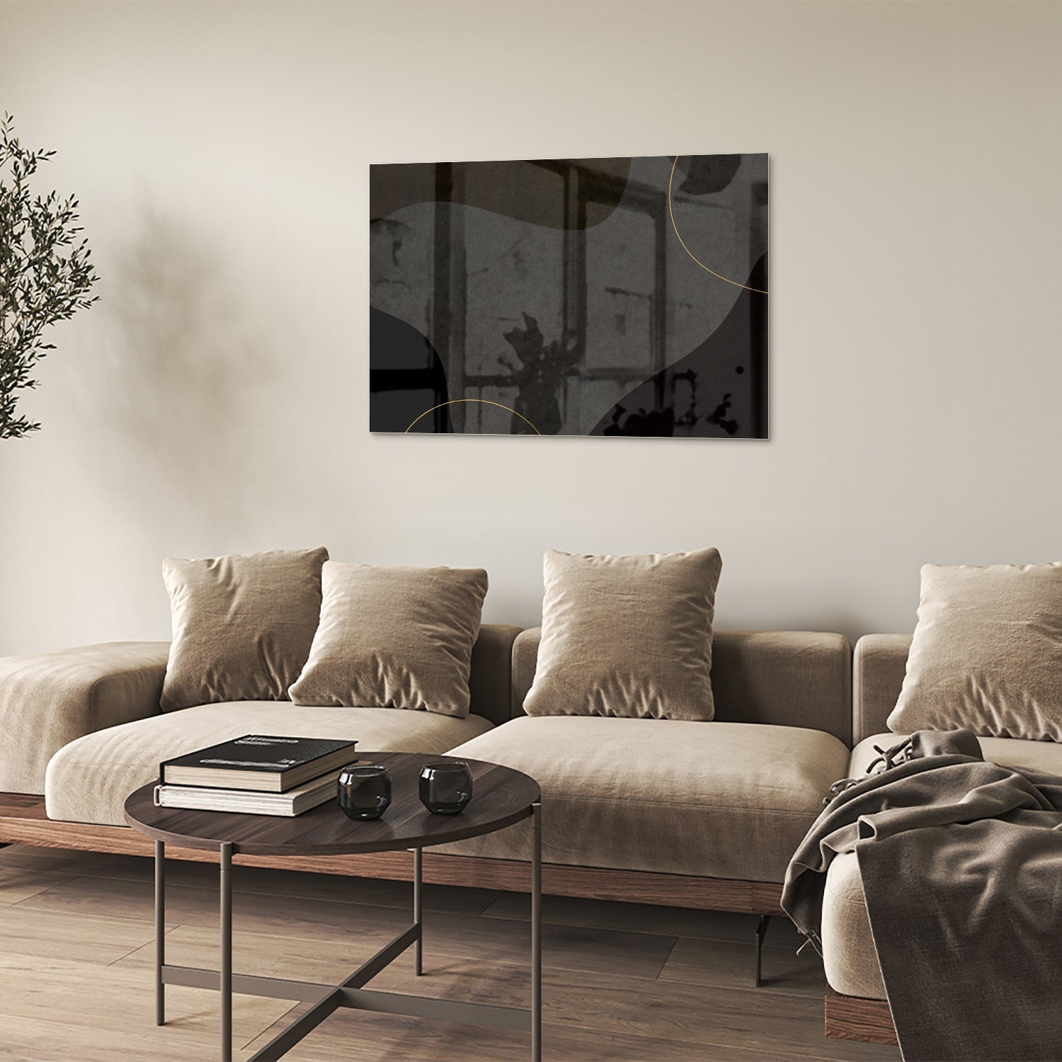 Modernes Glasbild mit abstrakten Formen in Schwarz – Glasbild aus Sicherheitsglas, Größe 50x50