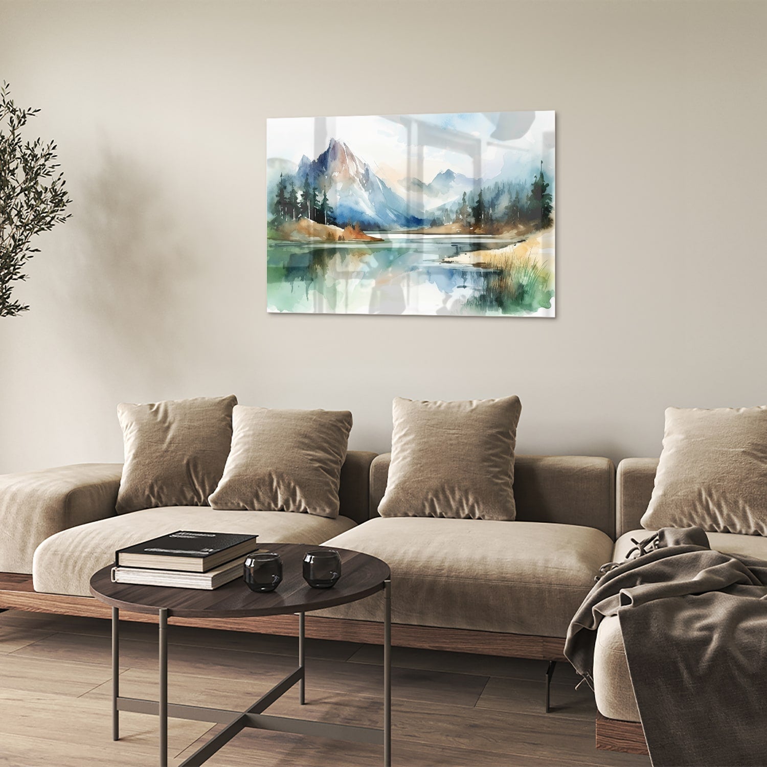 Glasbild mit Bergen und See im Aquarellstil – Glasbild aus Sicherheitsglas, Größe 50x50