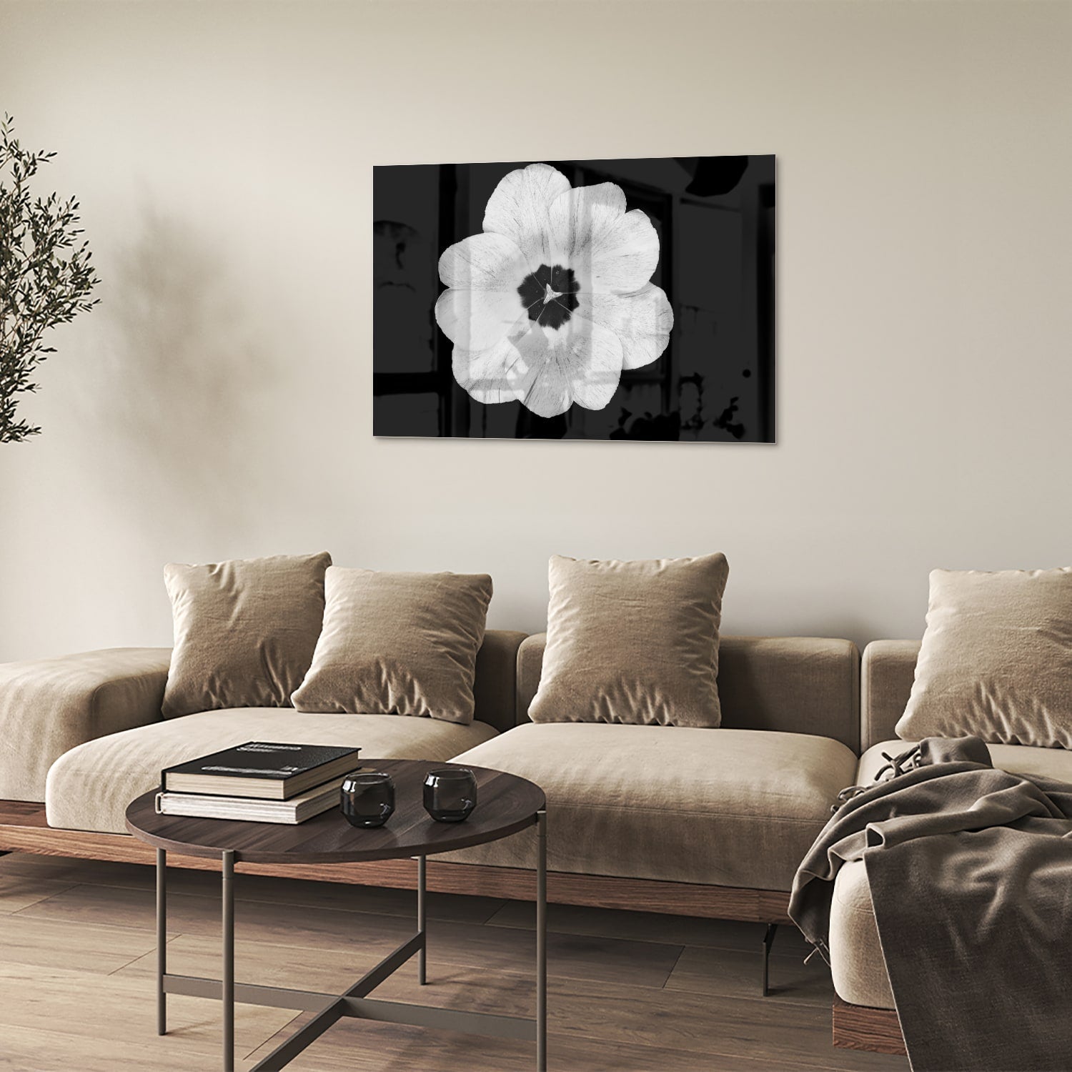 Glasbild mit einer weißen Blume auf schwarzem Hintergrund – Glasbild aus Sicherheitsglas, Größe 50x50