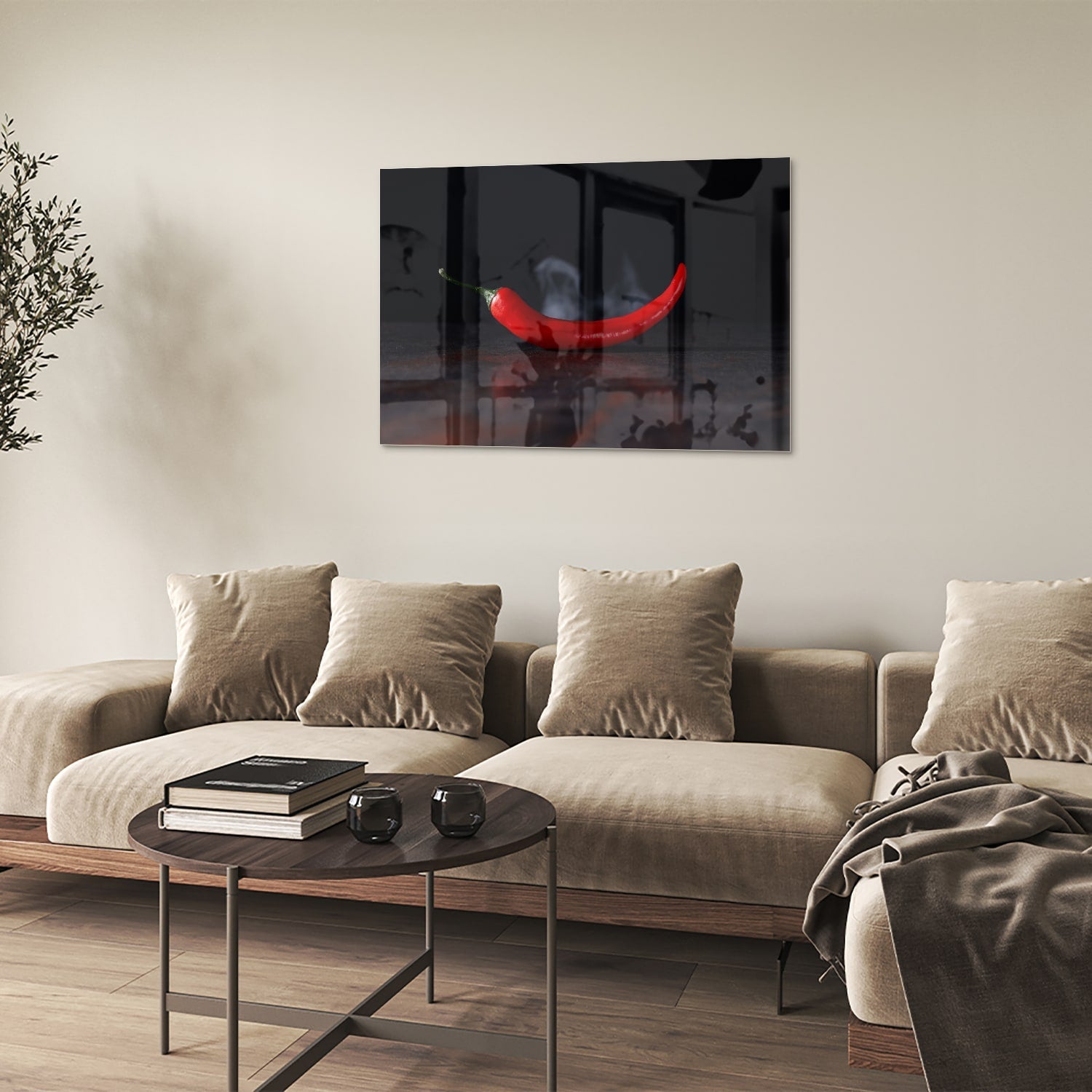 Glasbild – Tiefrote Paprika auf schwarzem Hintergrund – Glasbild aus Sicherheitsglas, Größe 50x50