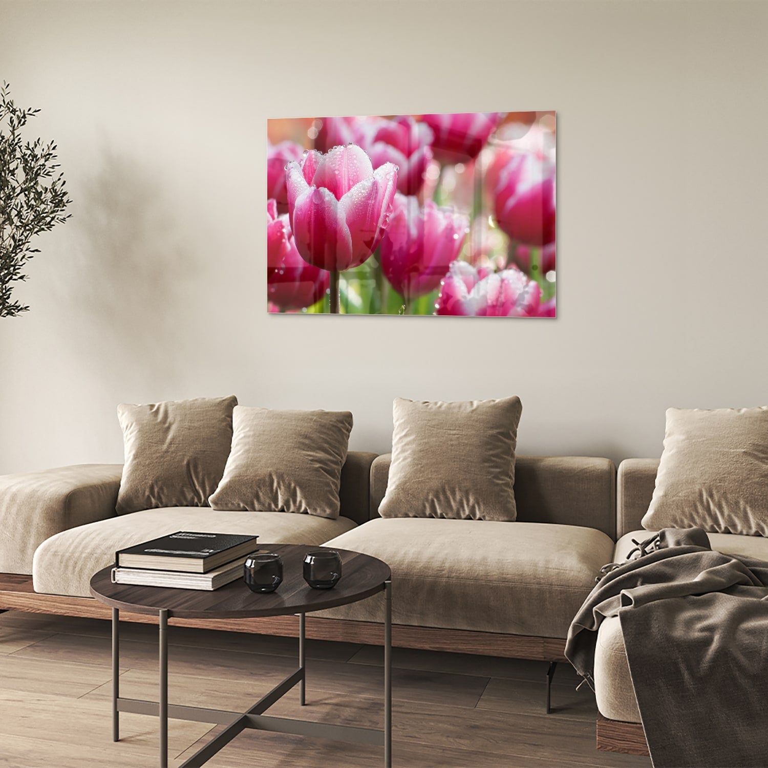 Glasbild mit bezaubernden rosa Tulpen – Glasbild aus Sicherheitsglas, Größe 50x50