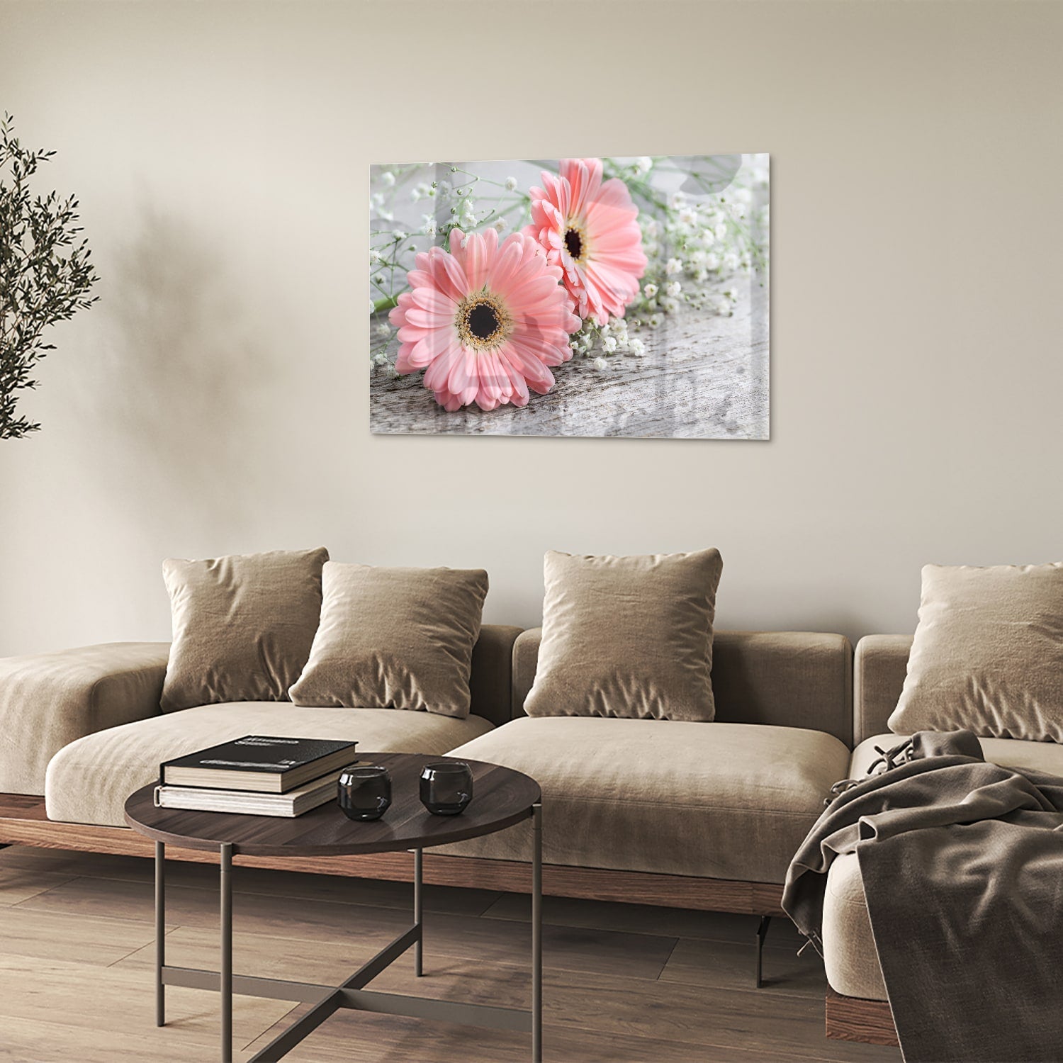 Rosafarbenes Gerbera-Glasbild für ein modernes Zuhause – Glasbild aus Sicherheitsglas, Größe 50x50