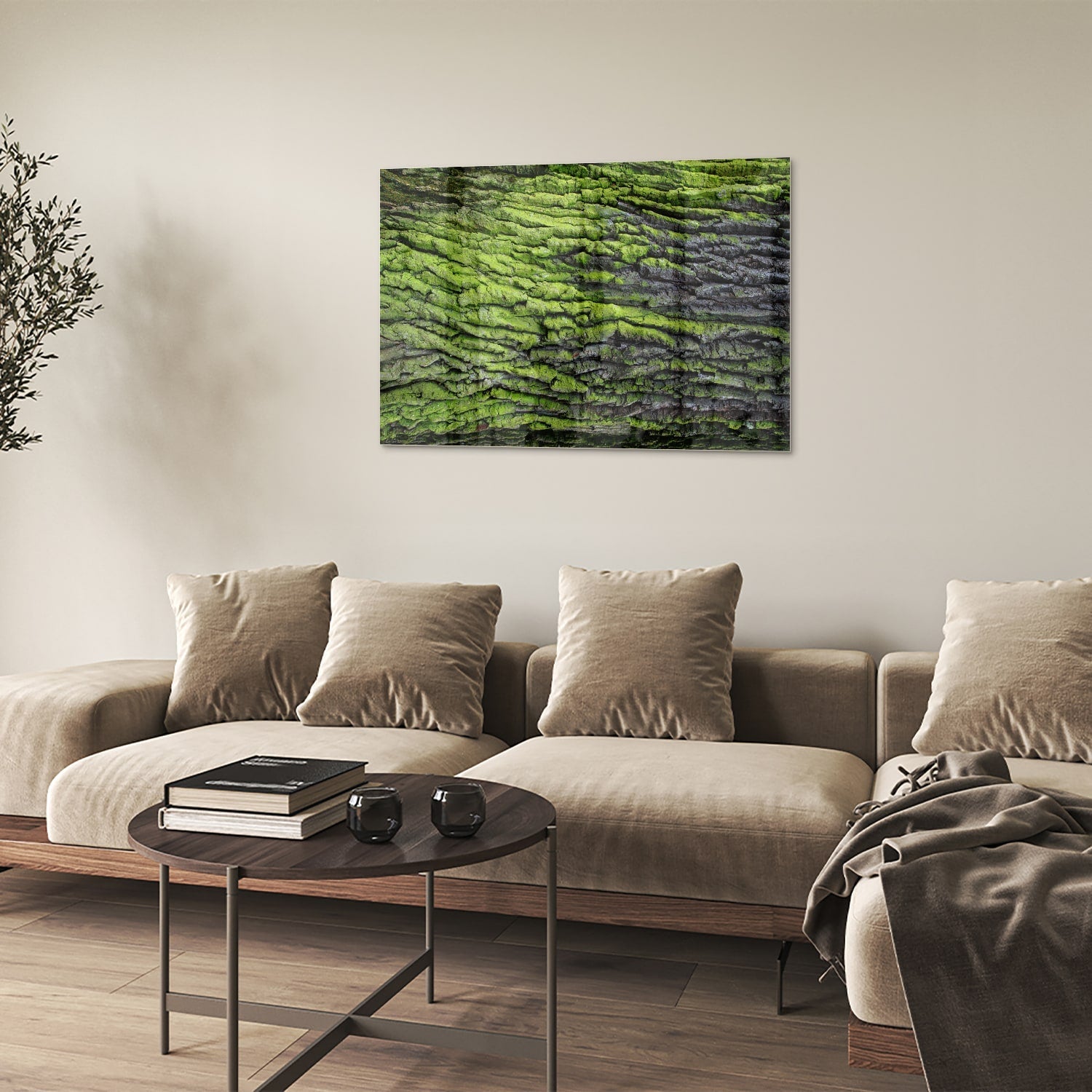 Glasbild mit moosartiger Textur – Glasbild aus Sicherheitsglas, Größe 50x50