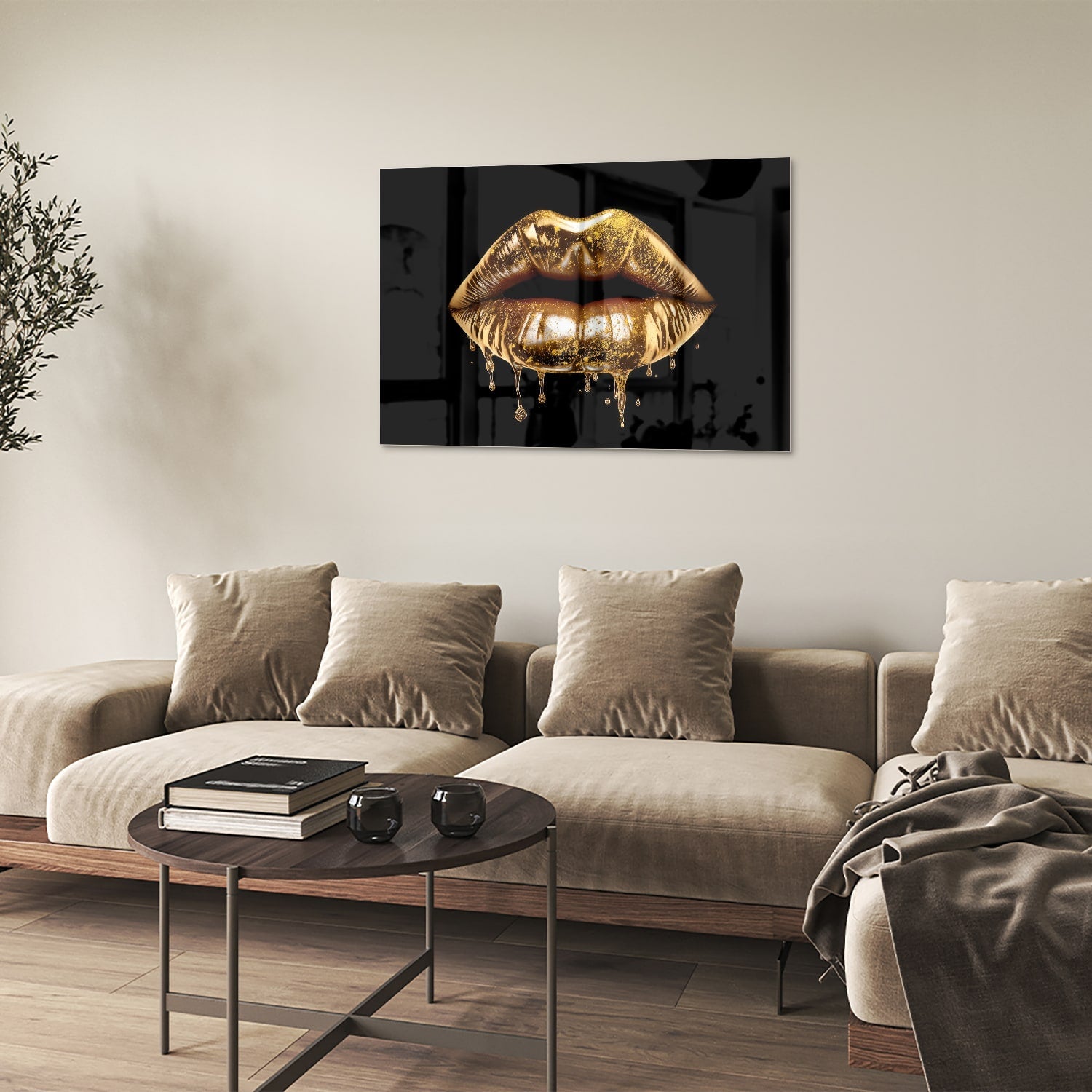Glasbild mit goldenen Lippen – Wanddekoration für elegante Innenräume – Glasbild aus Sicherheitsglas, Größe 50x50