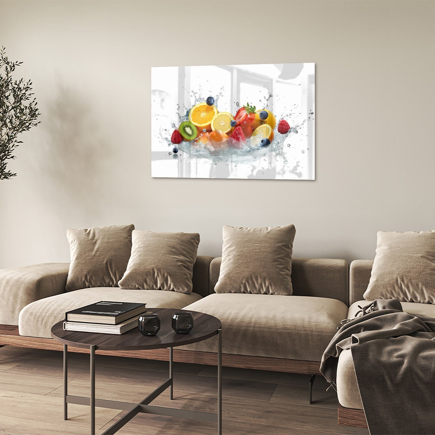 Stimmungsvolles Glasbild mit farbenfroher Fruchtkomposition – Glasbild aus Sicherheitsglas, Größe 50x50