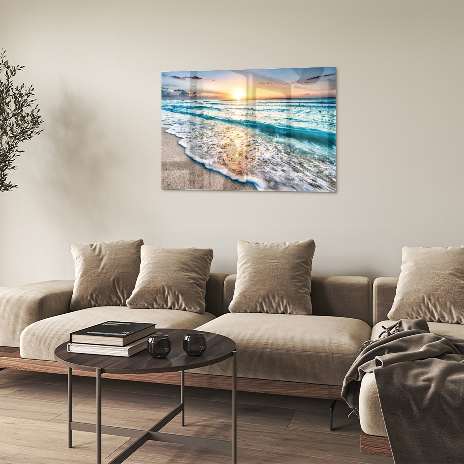 Wunderschönes Glasbild mit einem Sonnenuntergang am See – Glasbild aus Sicherheitsglas, Größe 50x50