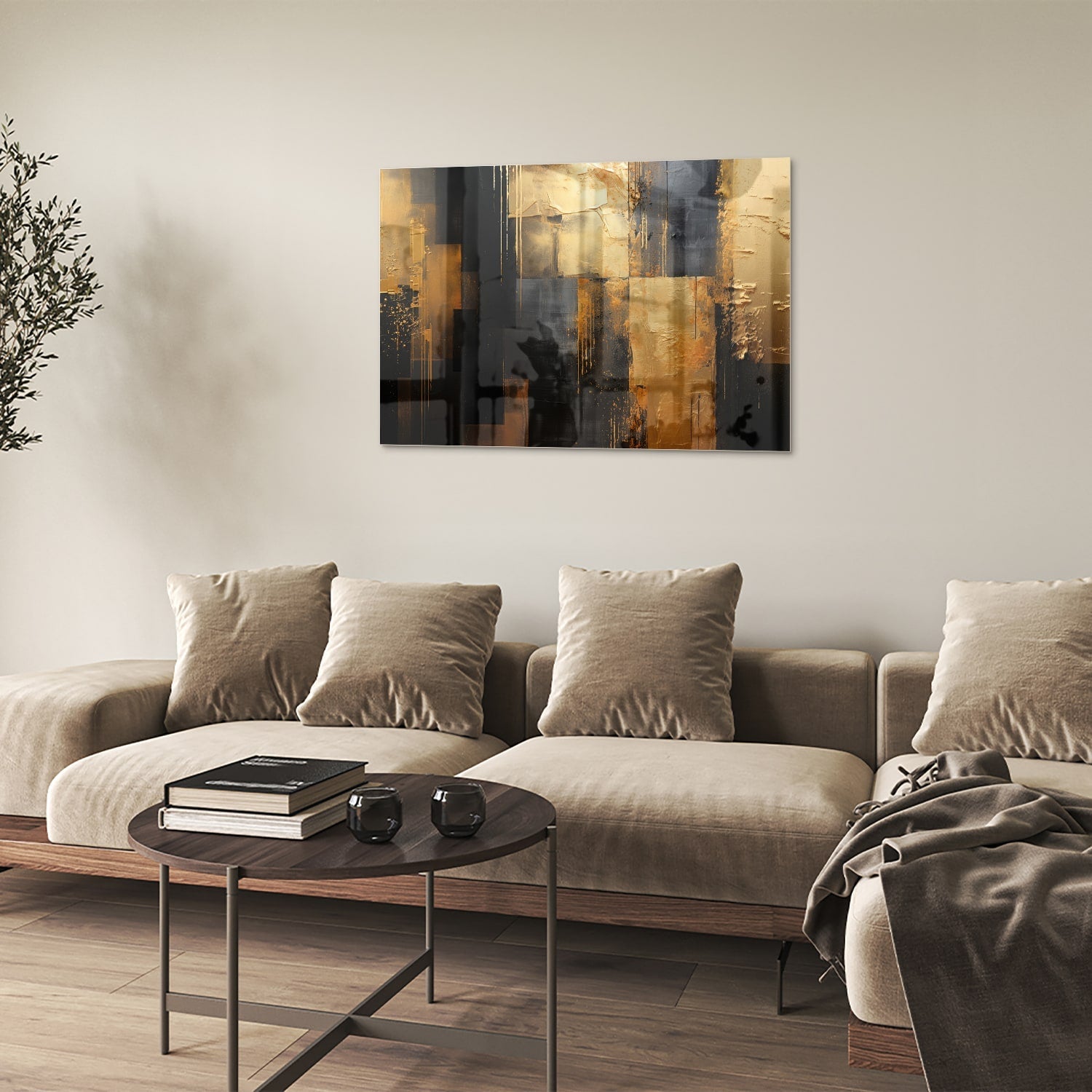 Abstraktes Glasbild in Gold und Schwarz – Glasbild aus Sicherheitsglas, Größe 50x50