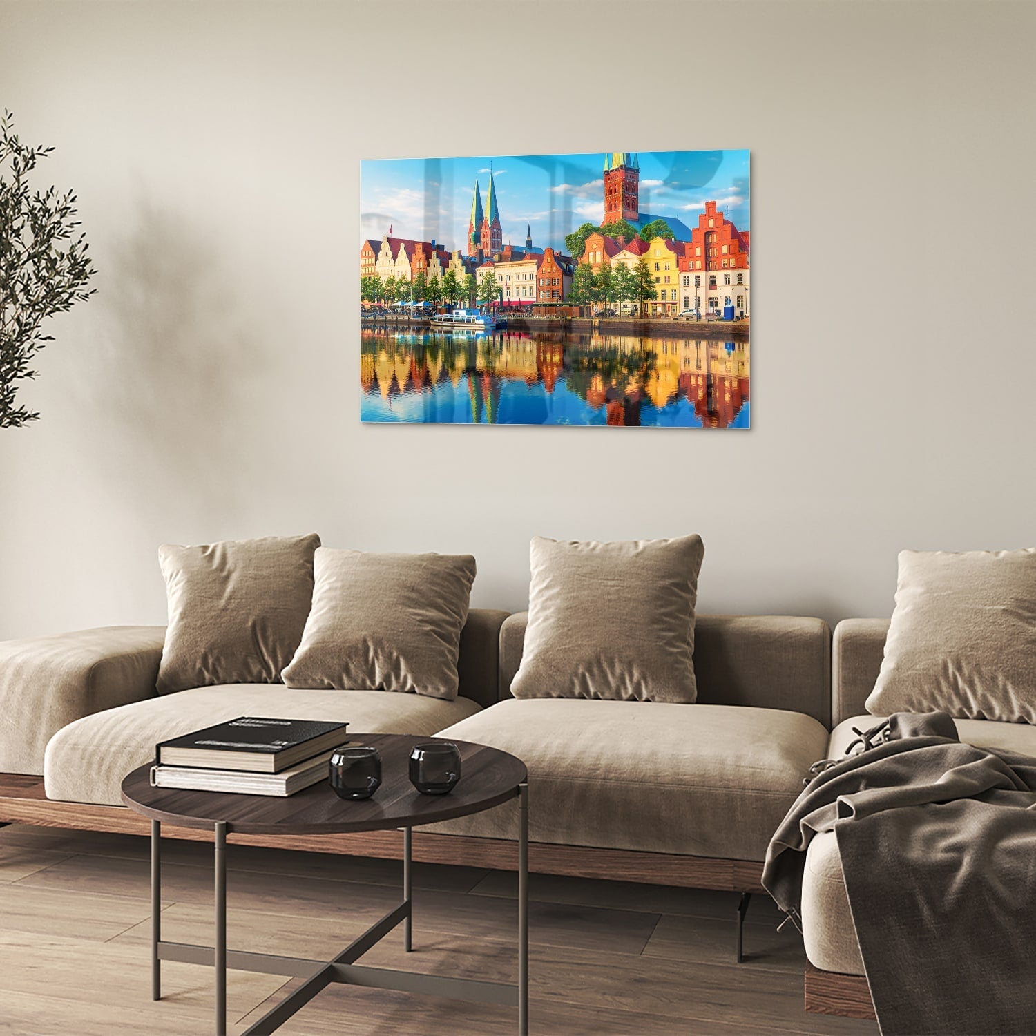 Farbenfrohes Glasbild mit einer Stadtlandschaft – Glasbild aus Sicherheitsglas, Größe 50x50