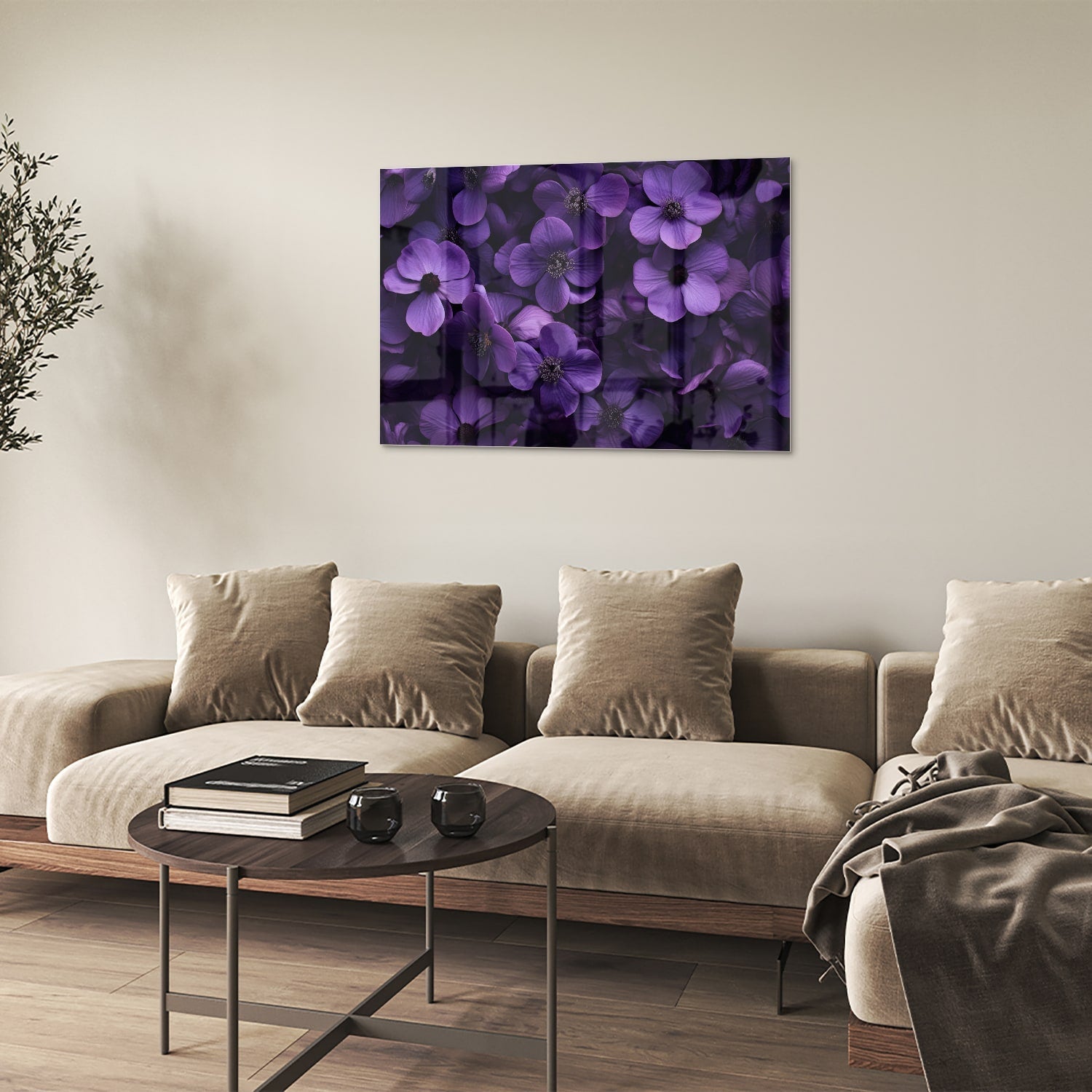Glasbild mit violetten Blumen für Ihr Interieur – Glasbild aus Sicherheitsglas, Größe 50x50