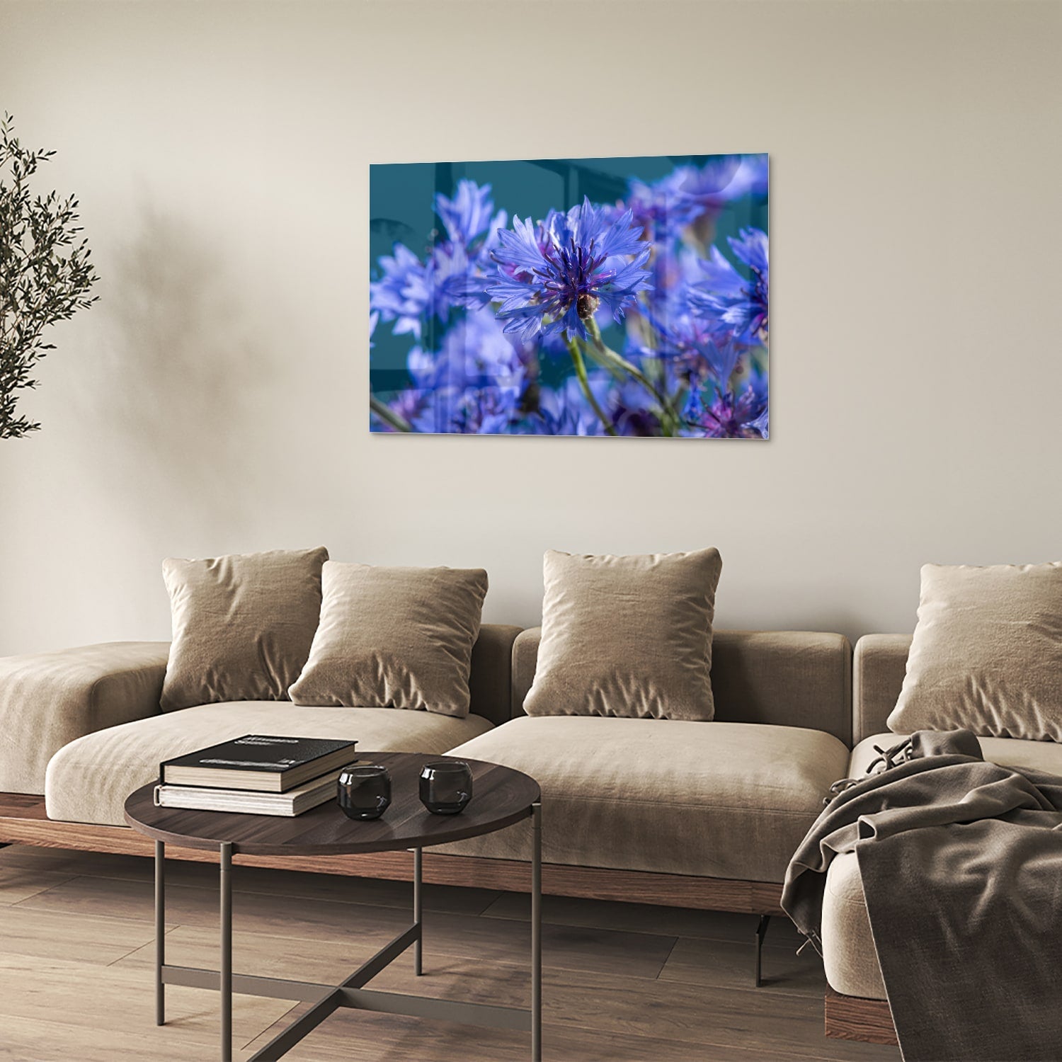 Wunderschönes violettes Glasbild mit Blumenmotiv – Glasbild aus Sicherheitsglas, Größe 50x50