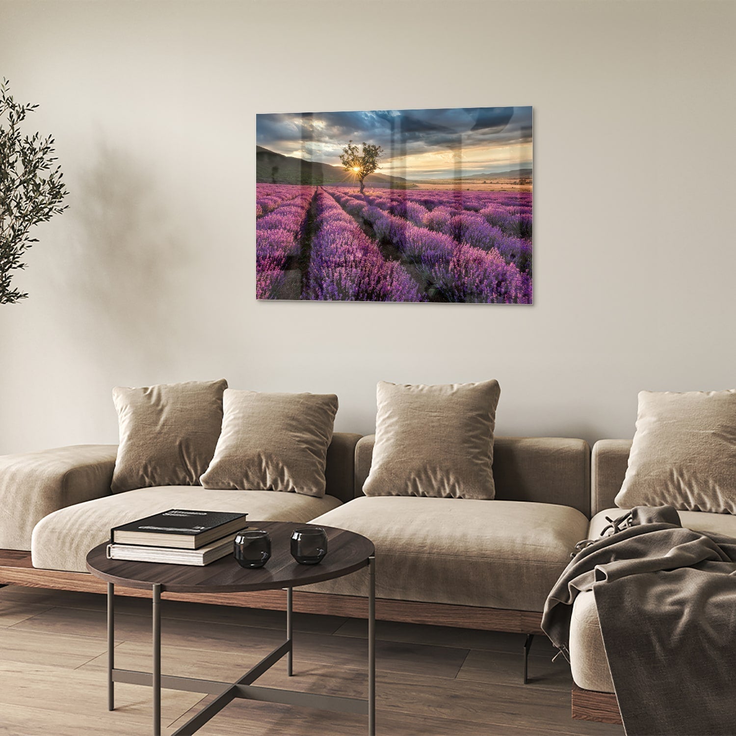 Glasbild mit violetten Lavendelfeldern bei Sonnenuntergang – Glasbild aus Sicherheitsglas, Größe 50x50
