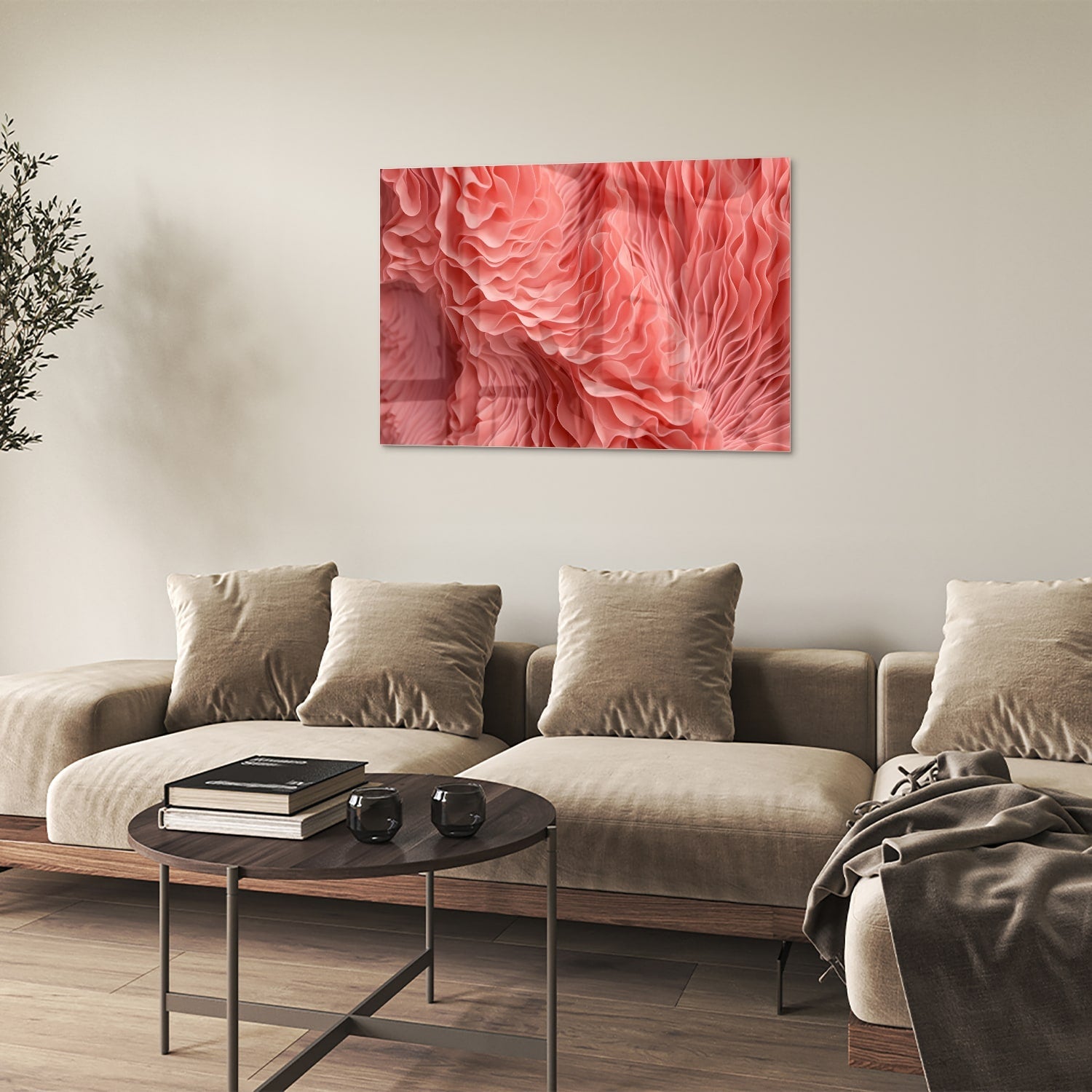 Abstraktes rosa Glasbild mit wellenförmigem Muster – Glasbild aus Sicherheitsglas, Größe 50x50