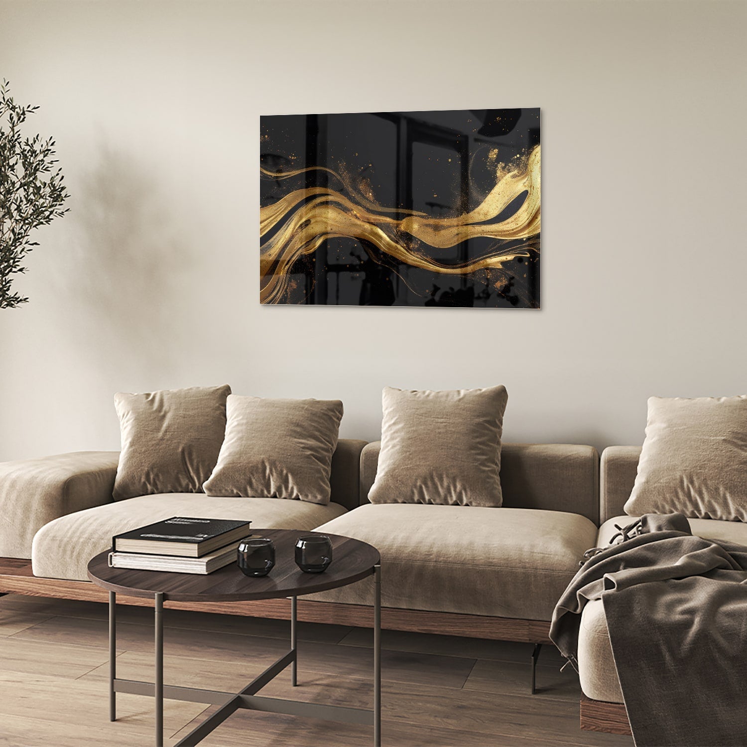 Elegantes Glasbild mit goldenen Linien – Glasbild aus Sicherheitsglas, Größe 50x50