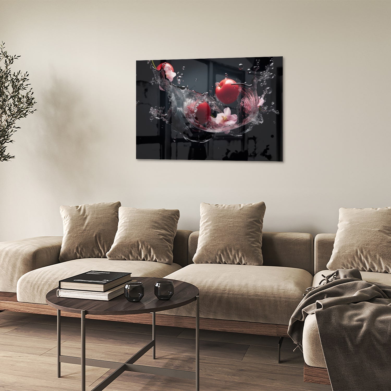 Glasbild mit rosa Blumen und Wassertropfen – Glasbild aus Sicherheitsglas, Größe 50x50