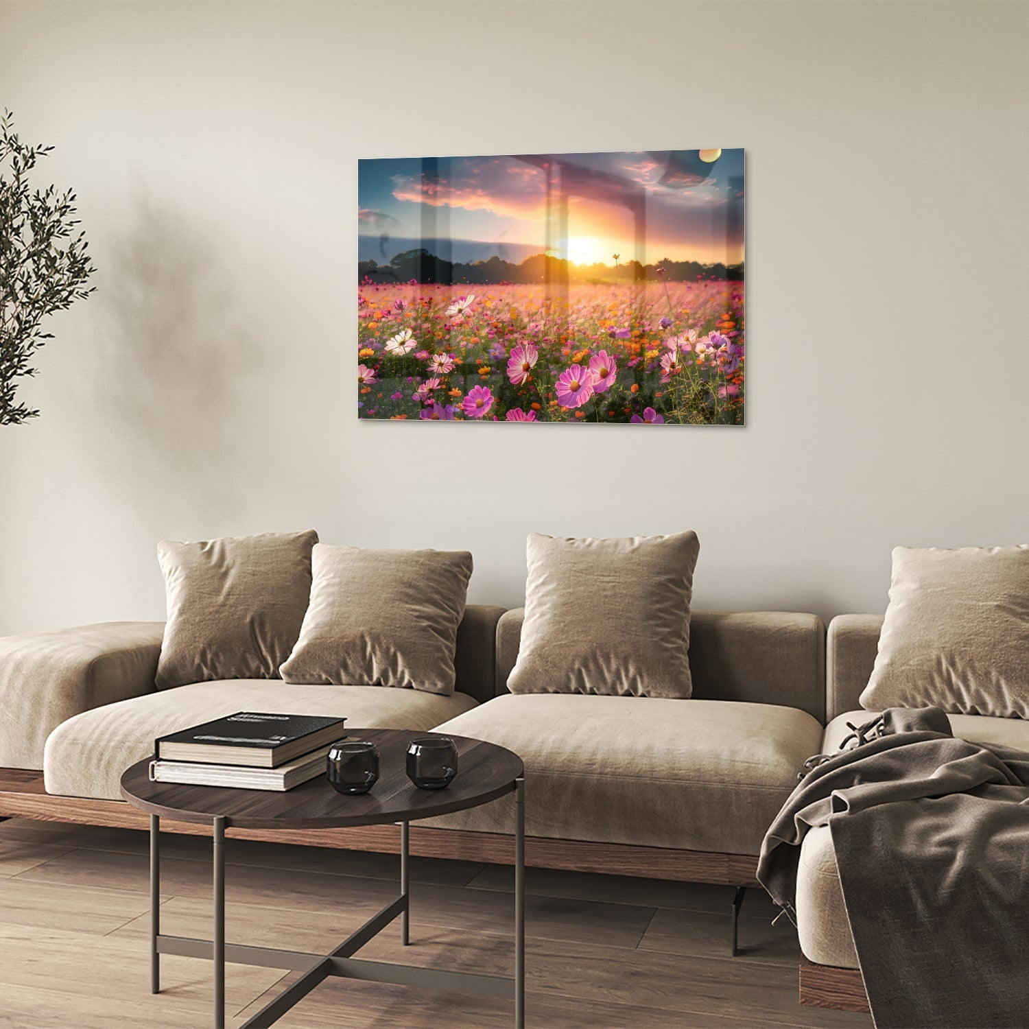 Glasbild – Sonnenuntergang über Blumenfeld – Glasbild aus Sicherheitsglas, Größe 50x50