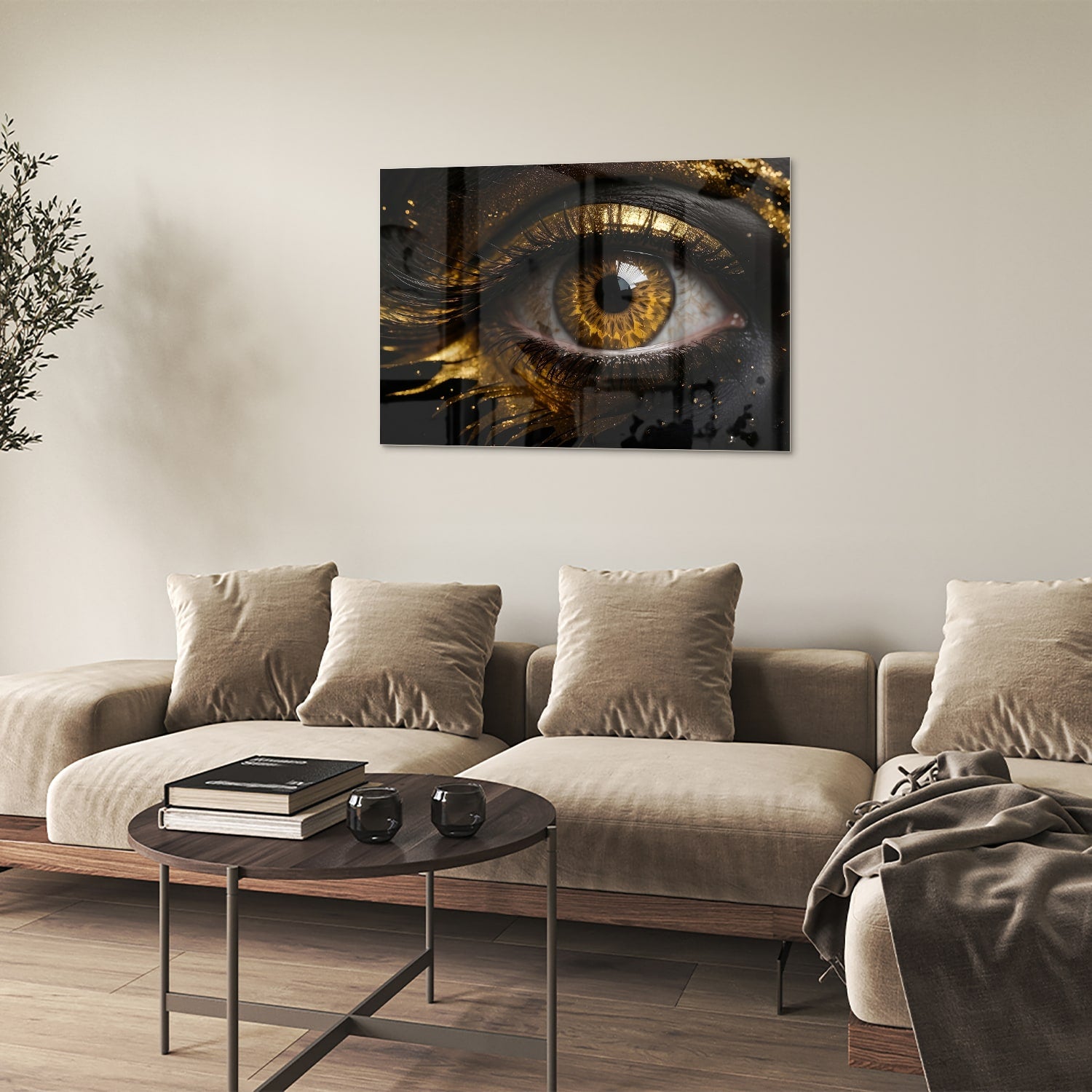 Glasbild Augen-Kunstwerk in Gold und Schwarz – Glasbild aus Sicherheitsglas, Größe 50x50