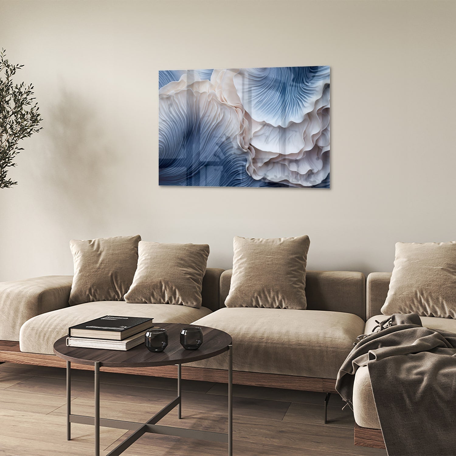 Elegantes Glasbild mit blauen und weißen Mustern – Glasbild aus Sicherheitsglas, Größe 50x50