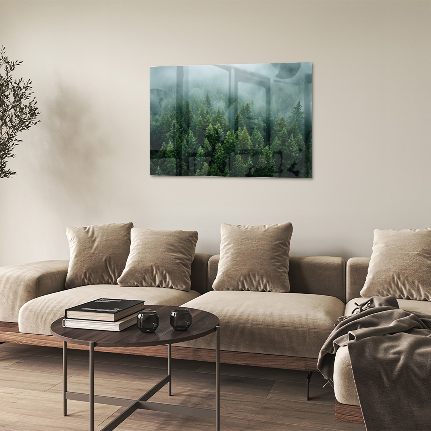 Glasbild mit nebligen Tannenwäldern – Glasbild aus Sicherheitsglas, Größe 50x50
