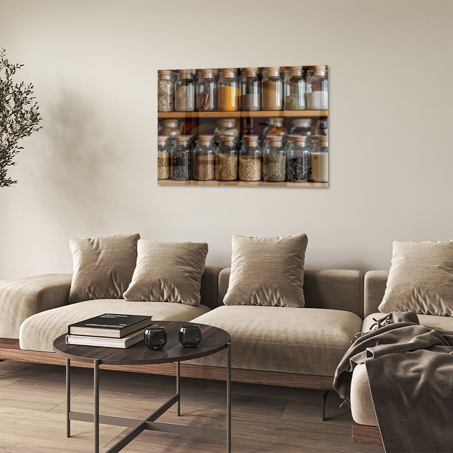Glasbild mit Gewürzen in Einmachgläsern – Glasbild aus Sicherheitsglas, Größe 50x50