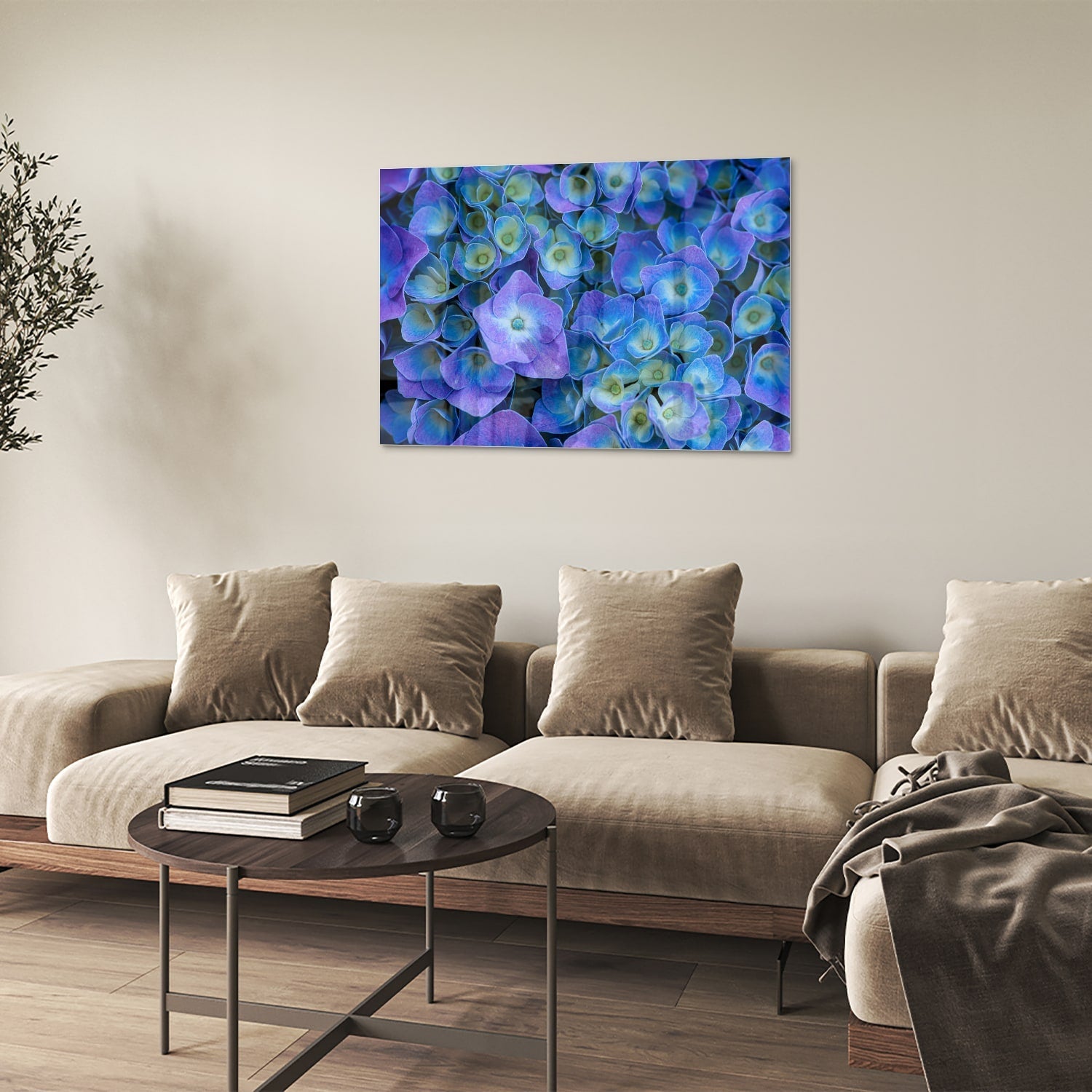 Farbenfrohes Glasbild mit blauen Blumen – Glasbild aus Sicherheitsglas, Größe 50x50