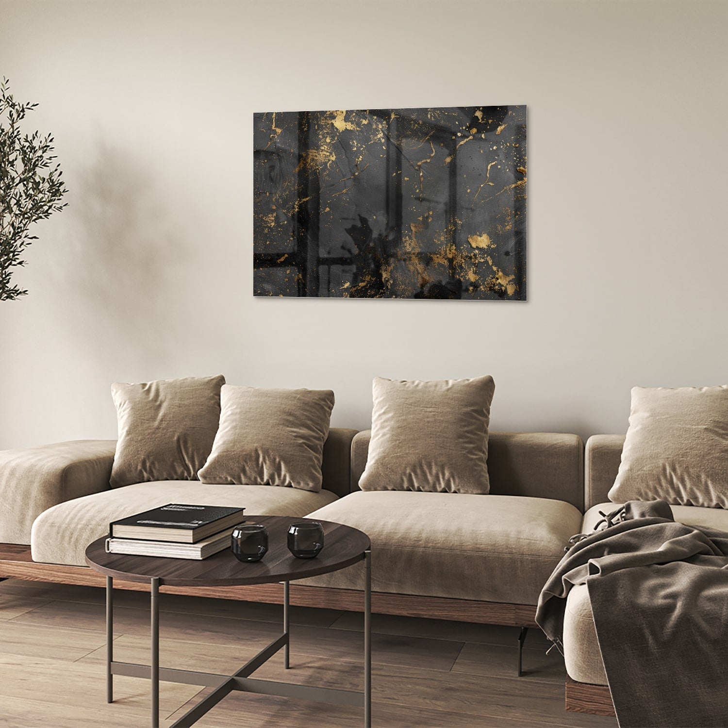 Gold-schwarzes Glasbild mit abstrakten Spritzern – Glasbild aus Sicherheitsglas, Größe 50x50