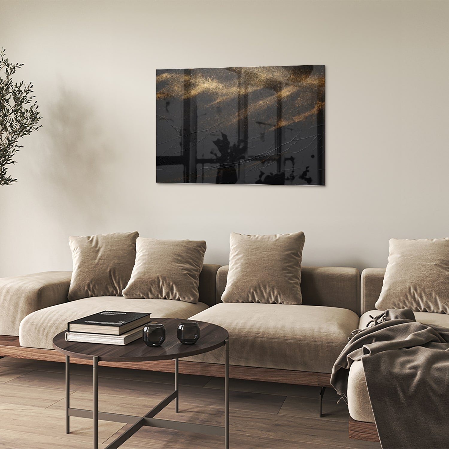 Modernes Glasbild mit goldenen Akzenten – Glasbild aus Sicherheitsglas, Größe 50x50
