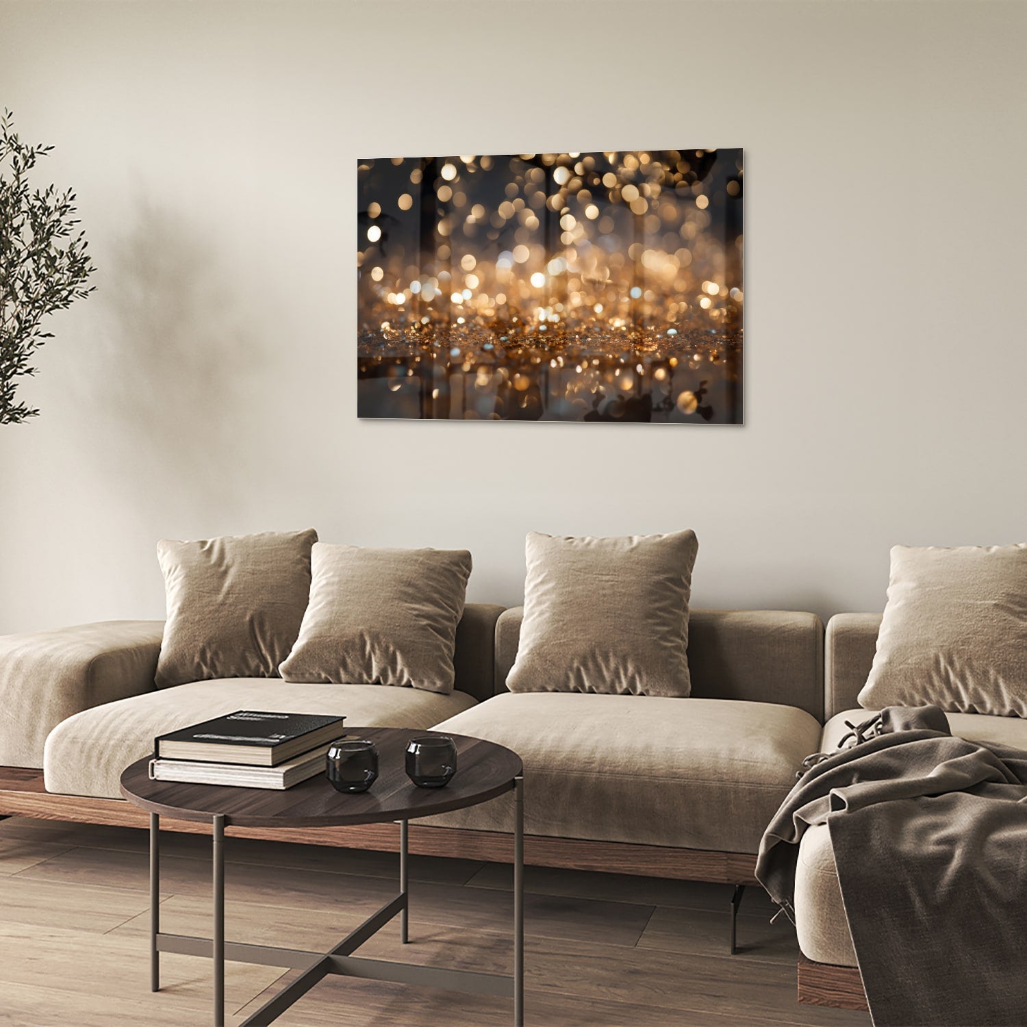 Glasbild mit goldenem Bokeh in moderner Szenerie – Glasbild aus Sicherheitsglas, Größe 50x50